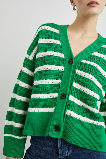 Geneva Long-Sleeve Cardigan with Button Closure and Ribbed Cuffs and Hem in Kelly Stripe Colorway, Kelly Green and White Horizontal stripes - Front View Featured on Model