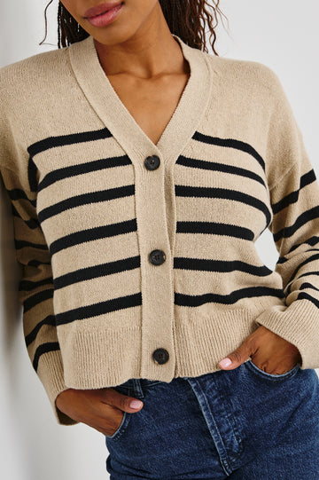 Geneva Long-Sleeve Cardigan with Button Closure and Ribbed Cuffs and Hem in Oatmeal Black Stripe Colorway, Horizontal Stripes - Front View Featured on Model