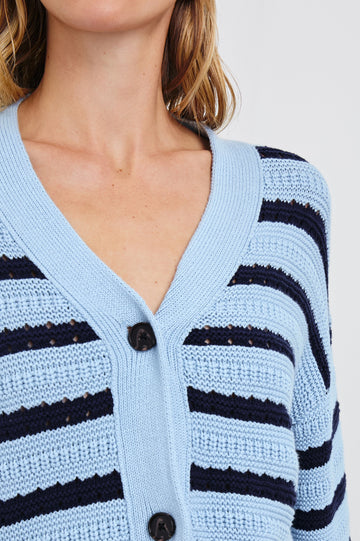 Geneva Long-Sleeve Cardigan with Button Closure in Sky Navy Stripe Colorway, Horizontal Stripes - Front View Featured on Model