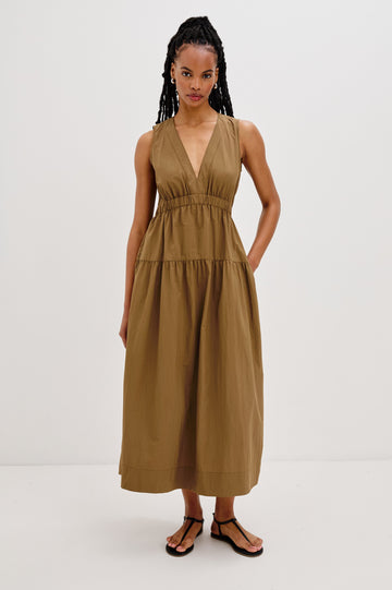 Genevieve Midi Tank Dress with a V-Neck, Elastic Waistband, Cutout at Back Waist and Side Seam Pockets in Sepia Colorway. Front View Shown on Model.