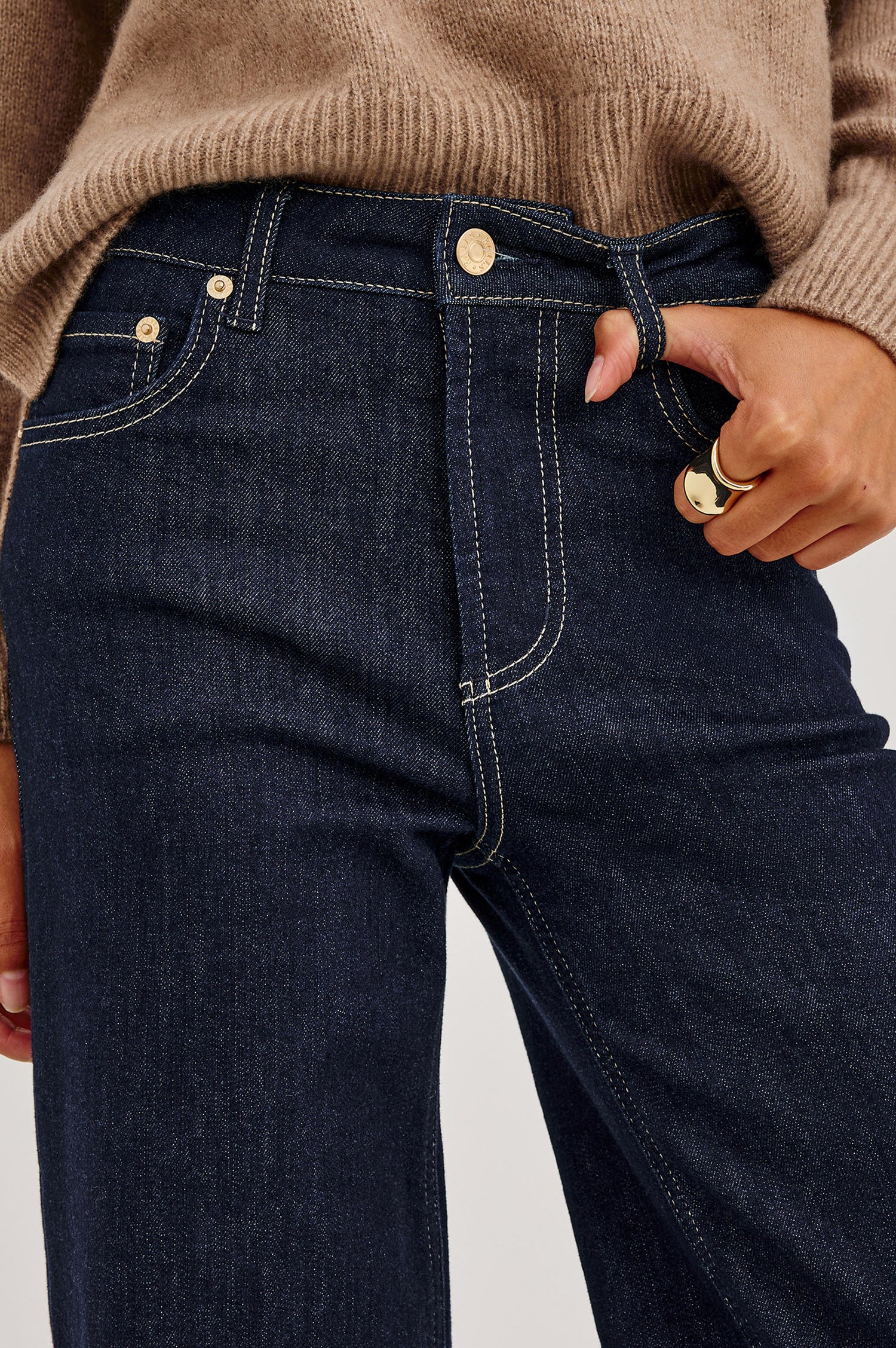 Getty Wide Leg Jean in Light Comfort-Stretch Denim With High-Rise, 5-Pockets, and Zipper Fly in After Hours Colorway - Close up front view featured on model.