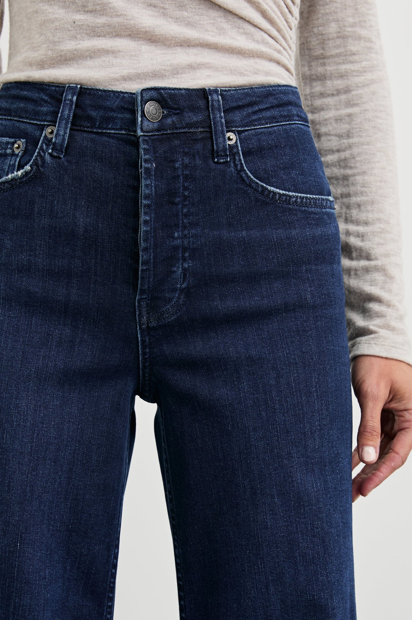 Getty Wide Leg Denim Pants with Belt Loops, Two Front Pockets and Two Back Patch Pockets in After Midnight Colorway - Front View Featured on Model