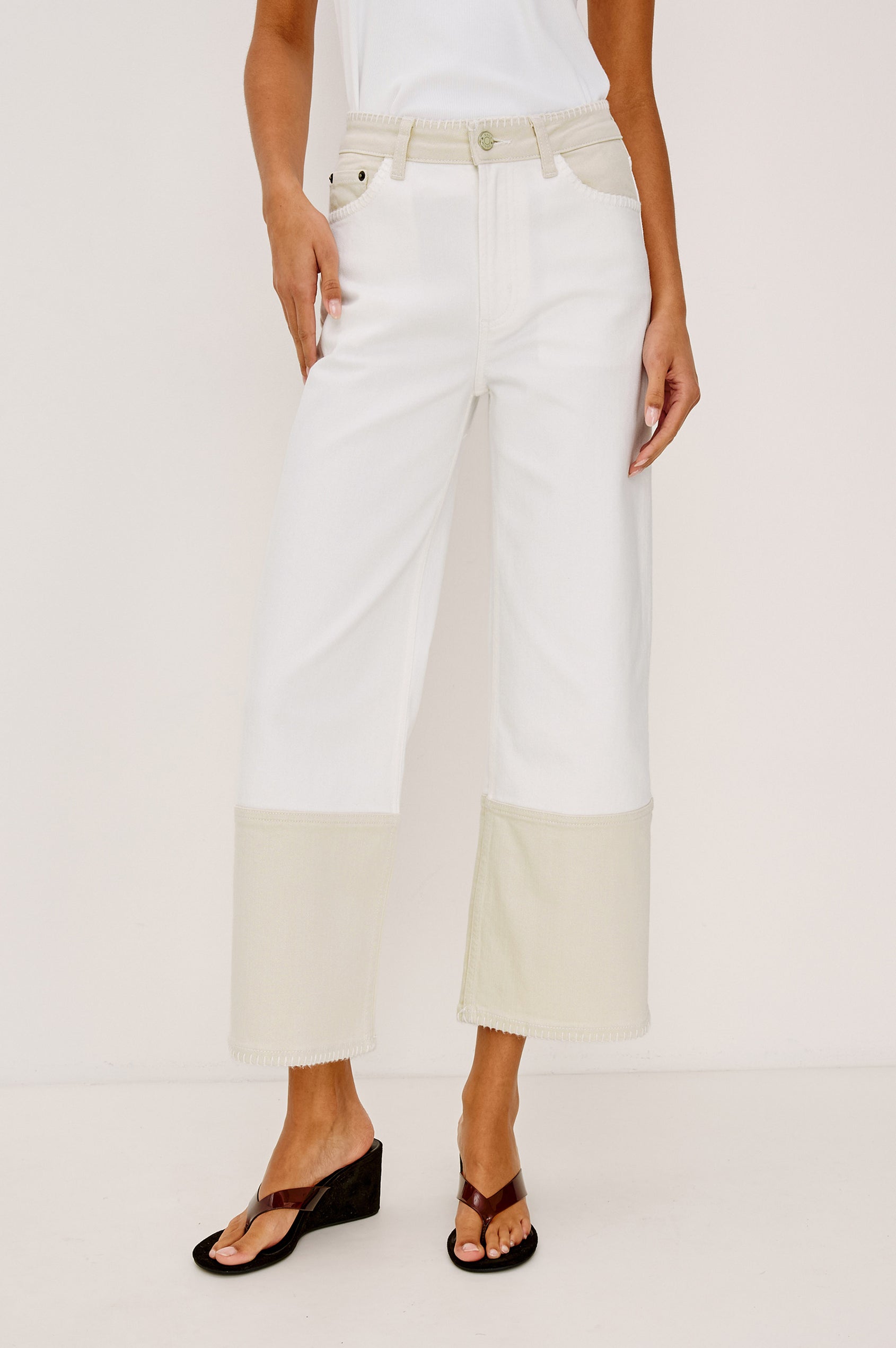 Getty cropped wide leg jean with blanket stiching and dual tones in Crema Embroidered - front view on model