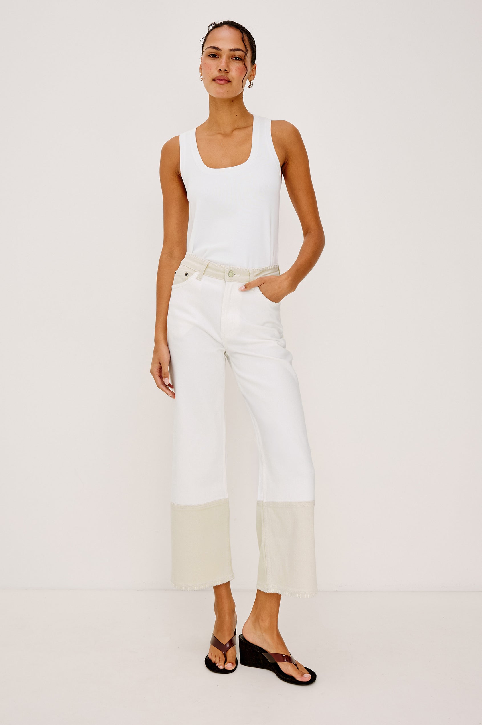 Getty cropped wide leg jean with blanket stiching and dual tones in Crema Embroidered - full body front view on model