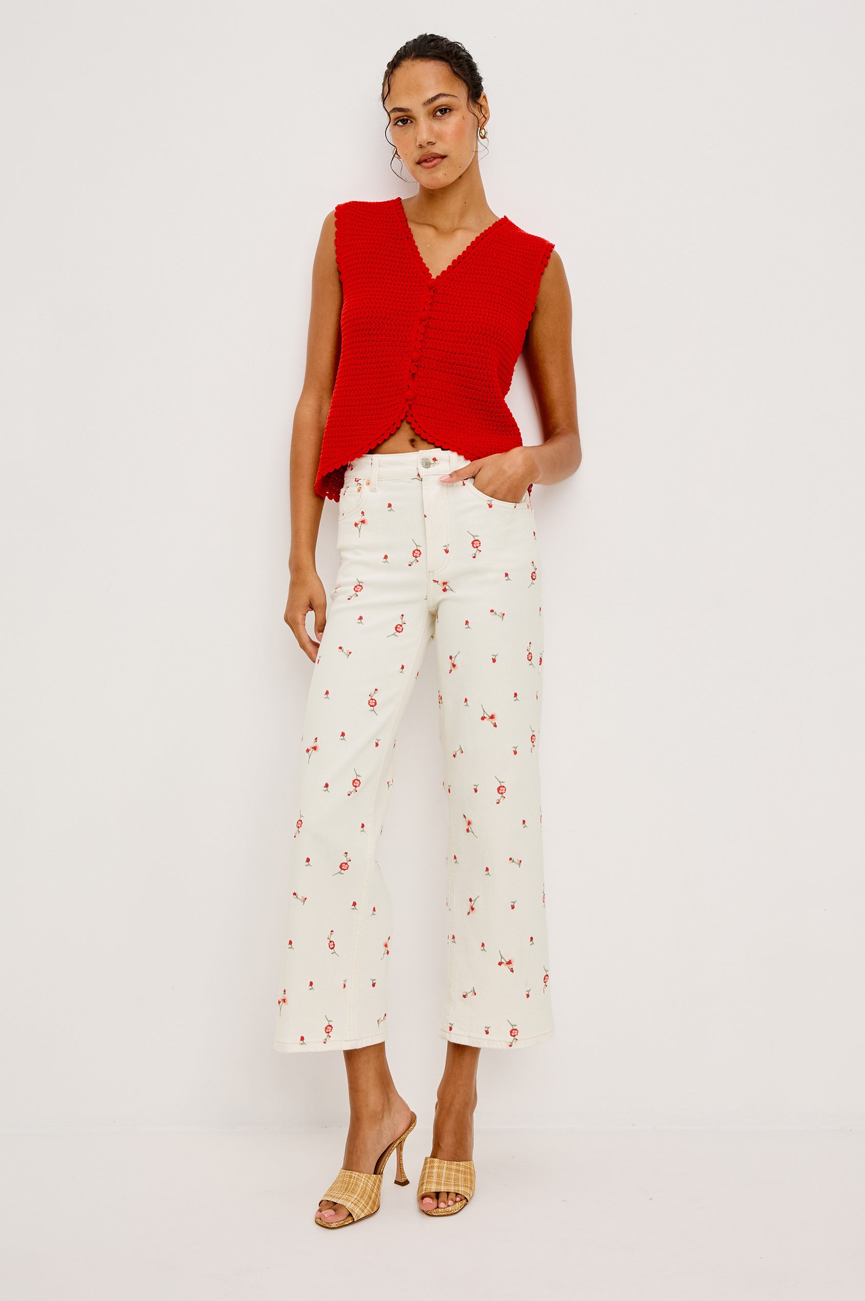 Getty cropped wide leg jean with Floral detailed embroidery in ecru colored denim - full body front view featured on model.