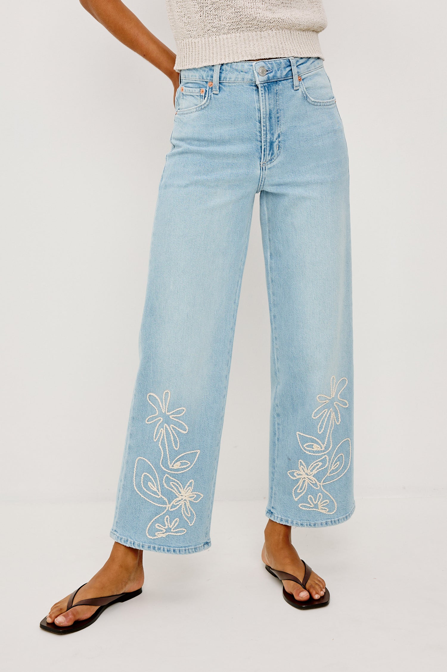 Getty Crop Jean in Light Stretch Denim With Wide Straight Legs, 27″ Inseam, 5-Pockets, and Zip Fly in Leilani Embroidered Colorway - Lower Body Front View Featured on Model