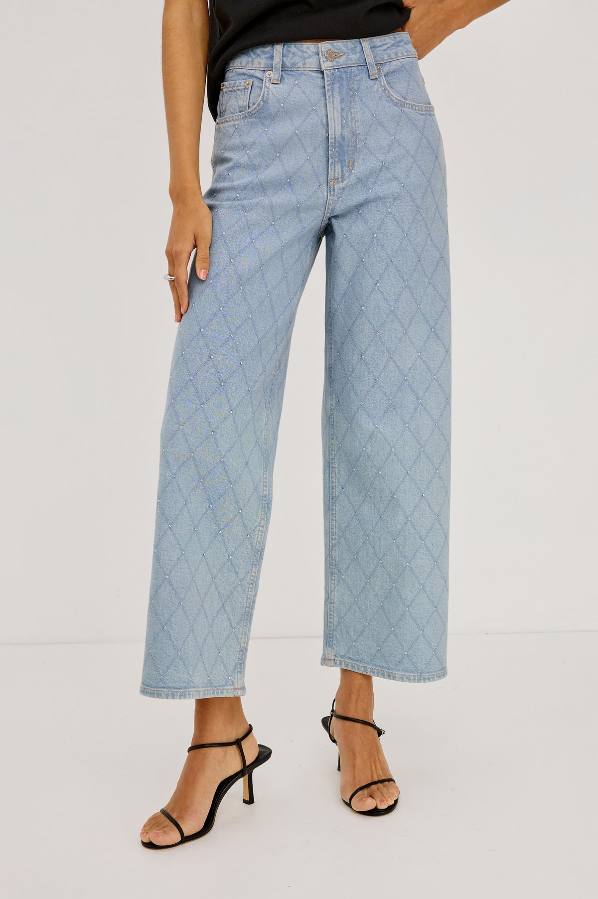 Getty Crop Wide Leg Jean in High-Stretch Denim With High-Rise, Wide Straight Leg Fit, 5-Pockets, and Zip Fly in Quilted Stud Colorway - Lower Body Front View Featured on Model