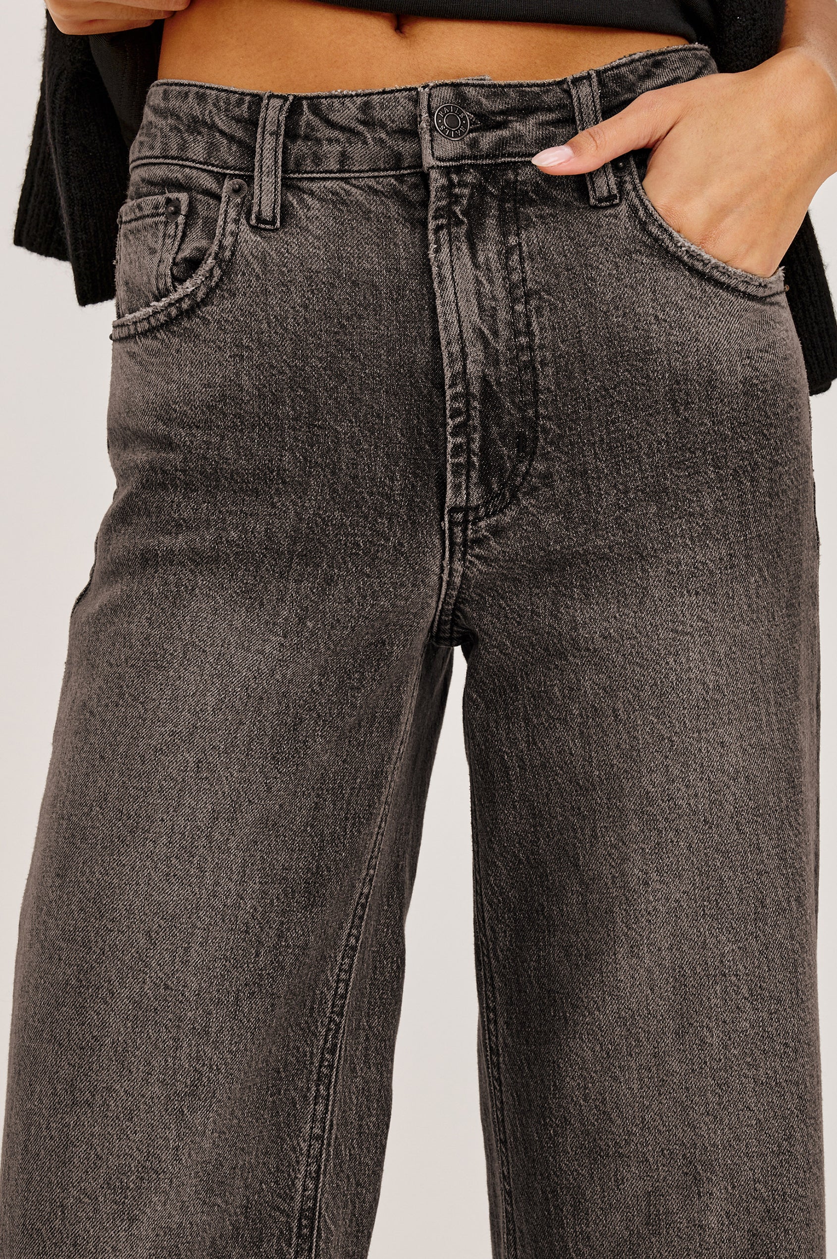 Getty Crop Low Rise Jean in Light Stretch Denim With Wide Legs and 5-Pockets in Saddleback Colorway - Lower Body Front View Featured on Model