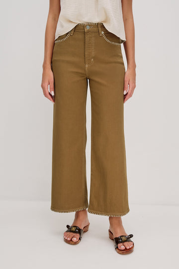 Getty cropped wide leg jean with contrast white blanket stitching in Safari Embroidered Colorway. Front View of Model Shown.