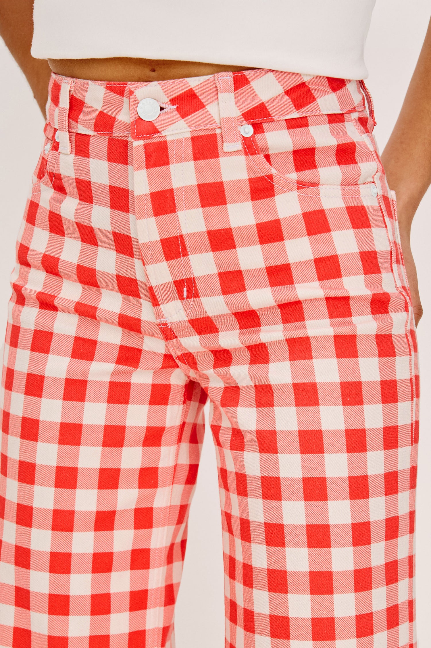 Getty Crop Wide Straight Leg Jean in High Stretch Cotton Denim With High Pinched Waist, 27″ Inseam, Zip Fly, and 5-Pockets in Tomato Gingham Colorway - Lower Body Front View Featured on Model