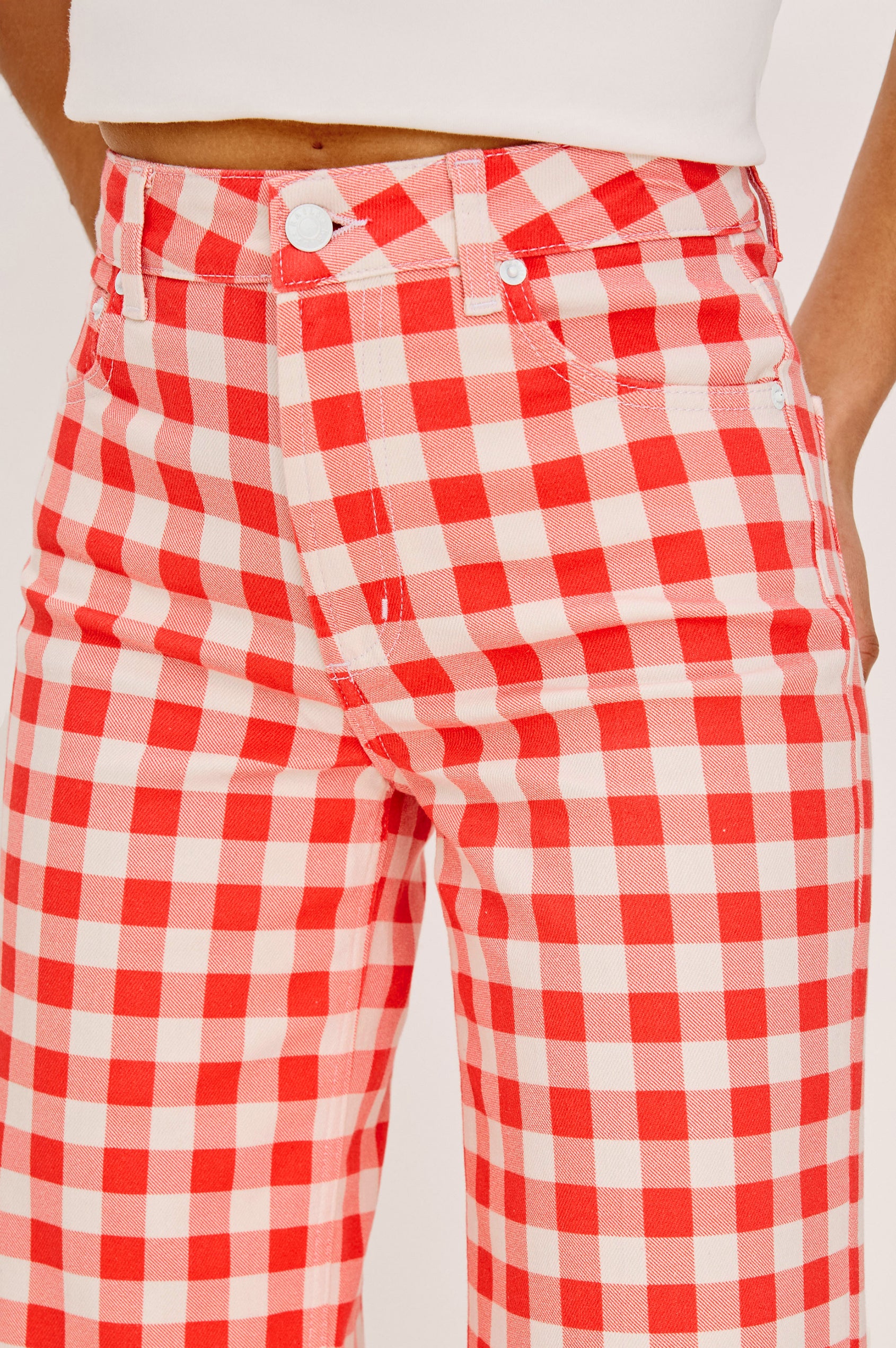 Getty Crop Wide Straight Leg Jean in High Stretch Cotton Denim With High Pinched Waist, 27″ Inseam, Zip Fly, and 5-Pockets in Tomato Gingham Colorway - Lower Body Front View Featured on Model