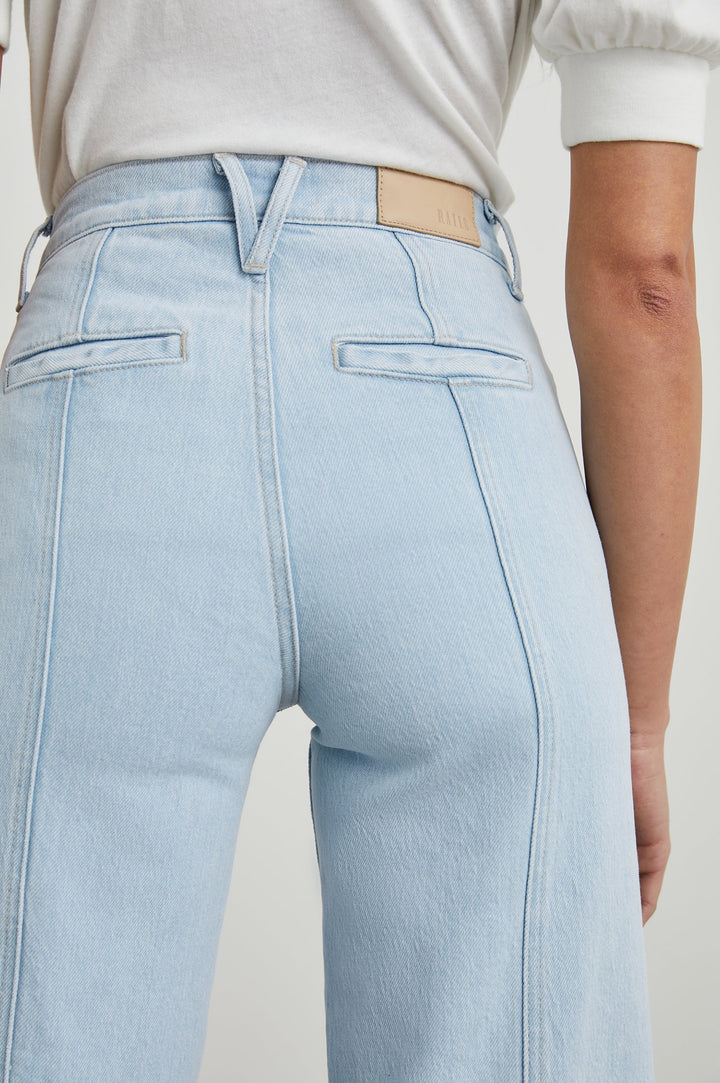 Getty Crop Utility Wide Leg Denim Pants with Belt Loops, Additional Seams, Two large Front Pockets and Two Back Patch Pockets in Oceanview Colorway - Back View Featured on Model
