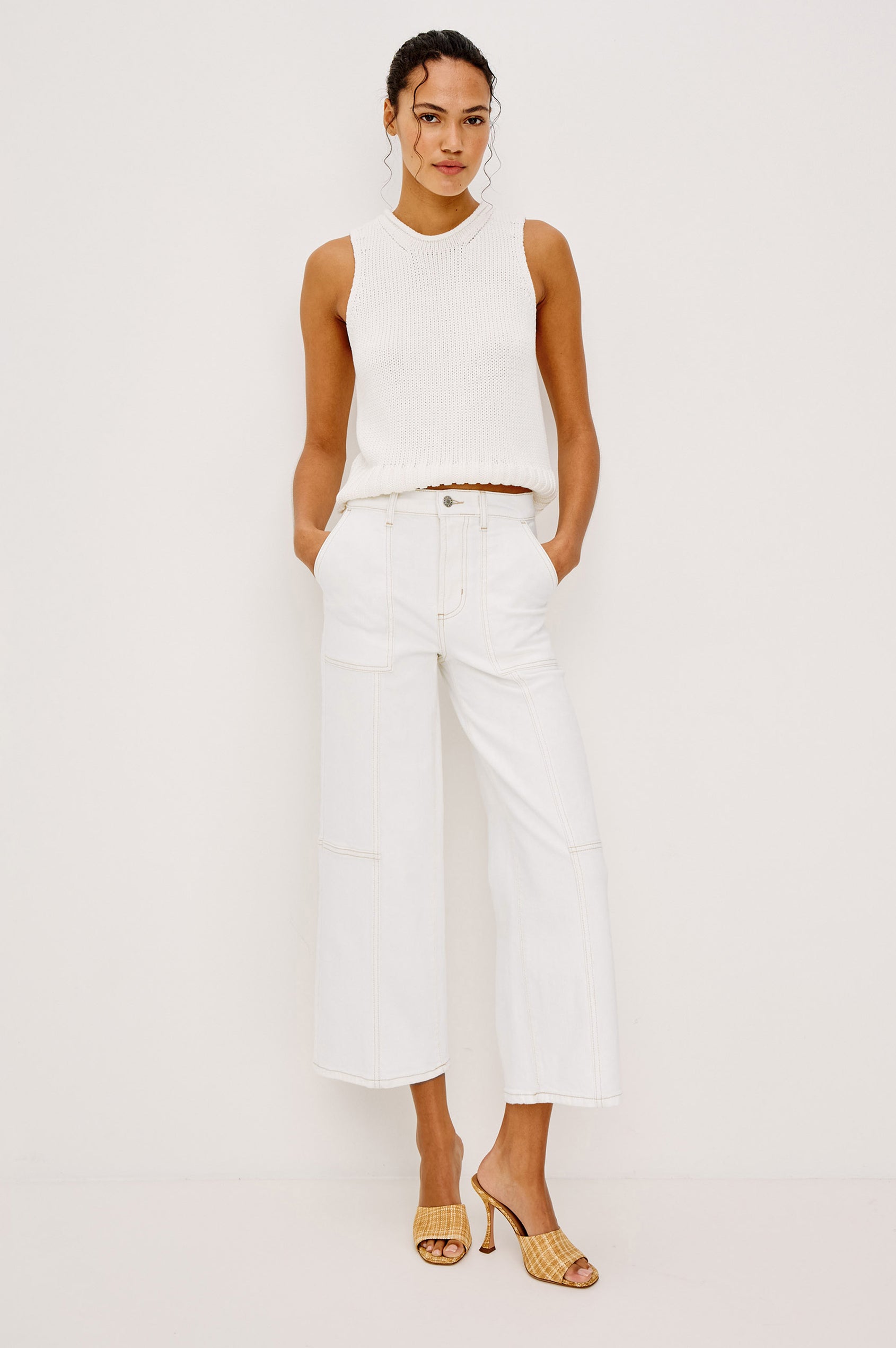 Getty Crop Utility Wide Leg Denim Pants with Belt Loops, Additional Seams, Two large Front Pockets and Two Back Patch Pockets in Vintage Ecru Contrast Stitch Colorway, gold-toned Seam Stitching - Front View Featured on Model