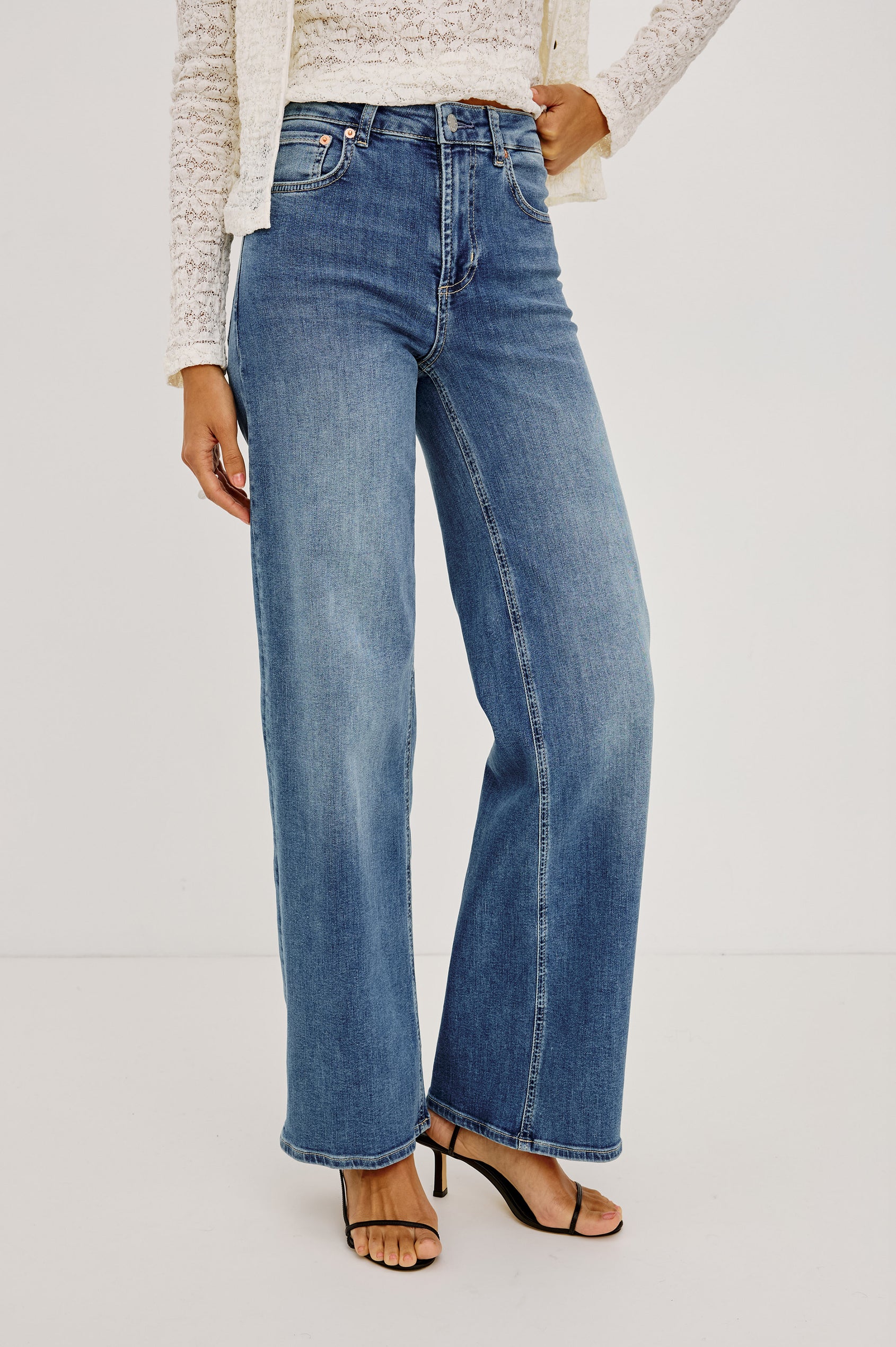 Getty Wide Leg Denim Pants with Belt Loops, Two Front Pockets and Two Back Patch Pockets in East Coast Colorway - Front View Featured on Model