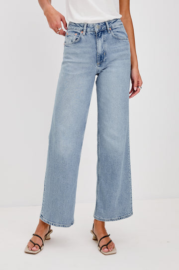 Getty high waisted 5 pocket wide leg jean in light wash Jasper - full body front view on model.