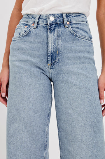 Getty high waisted 5 pocket wide leg jean in light wash Jasper - front view on model.
