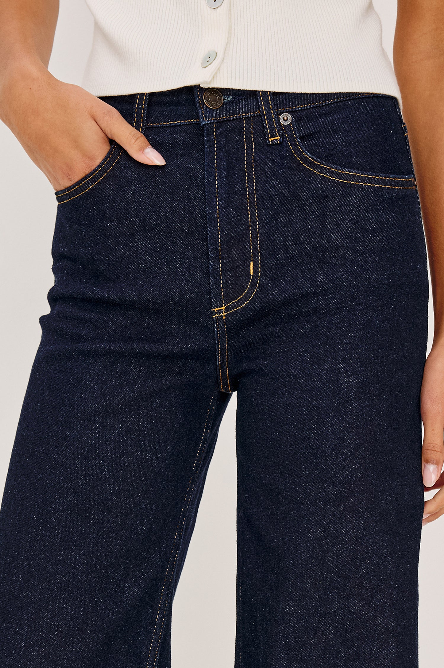 Getty Wide Leg Jean in Light Stretch Denim With High-Rise High-Waisted Fit, Button Fly, and 5-Pockets in Midnight Blues Cuffed Colorway - Lower Body Front View Featured on Model