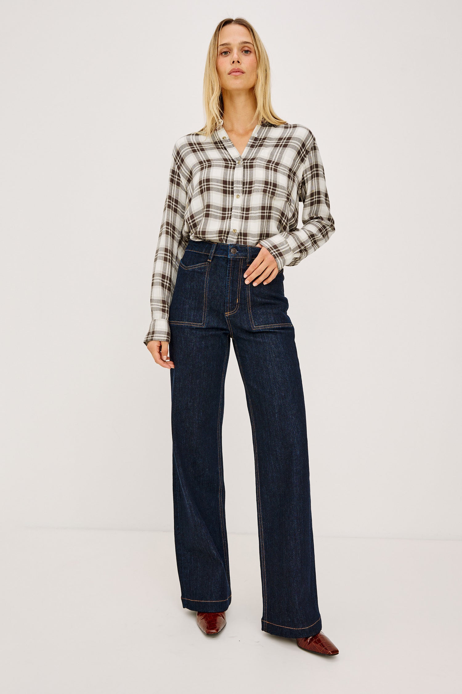 Getty Wide Leg Jean in Comfort Stretch Denim With High-Rise, Patch Pockets, Zipper Fly, and Extended Inseam in Wild West Colorway - Full Body Front View Featured on Model