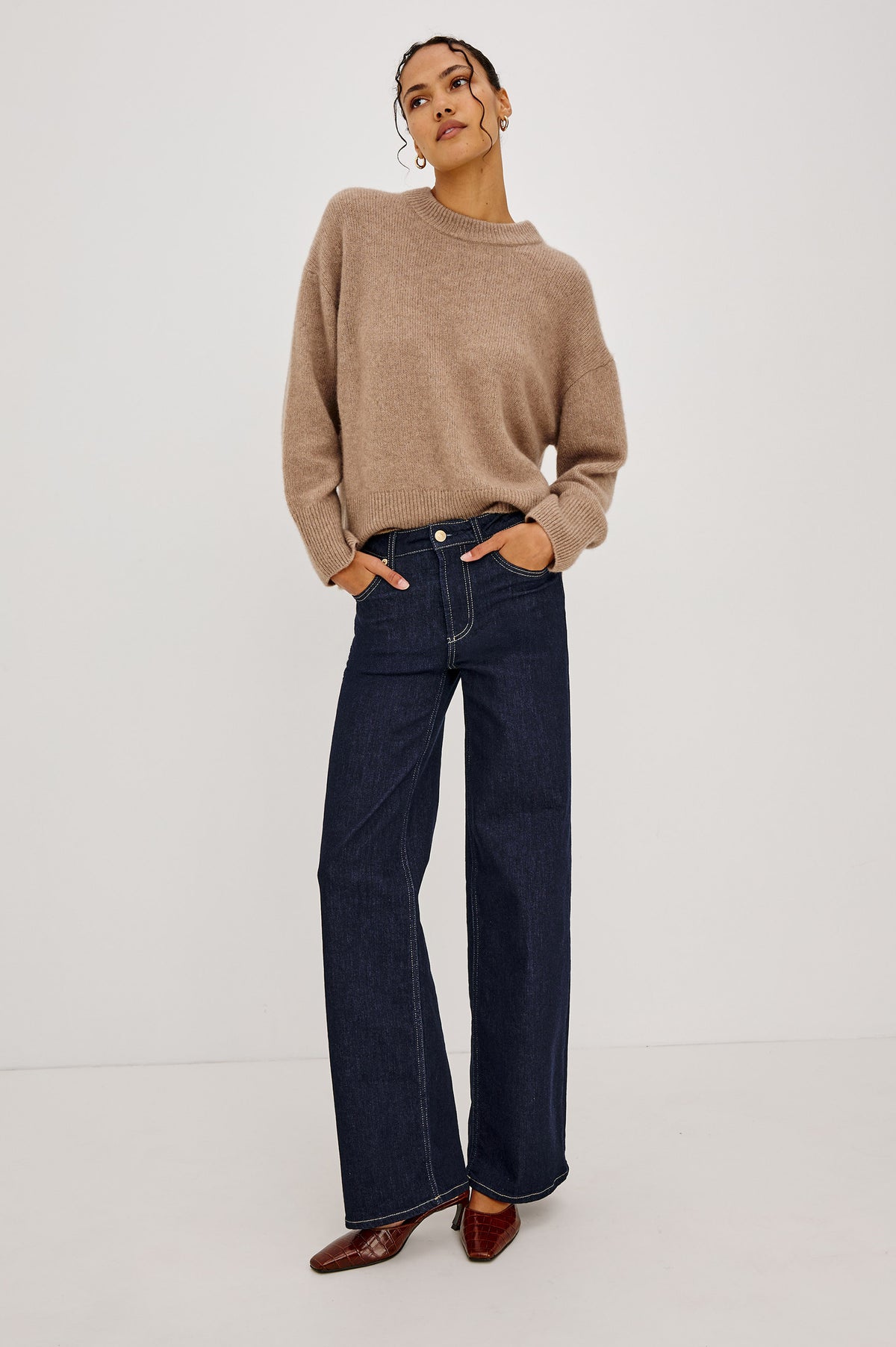 Getty Petite Wide Leg Jean in Light Comfort-Stretch Denim With High-Rise, 5-Pockets, and Zipper Fly in After Hours Colorway - Full Body Front View Featured on Model