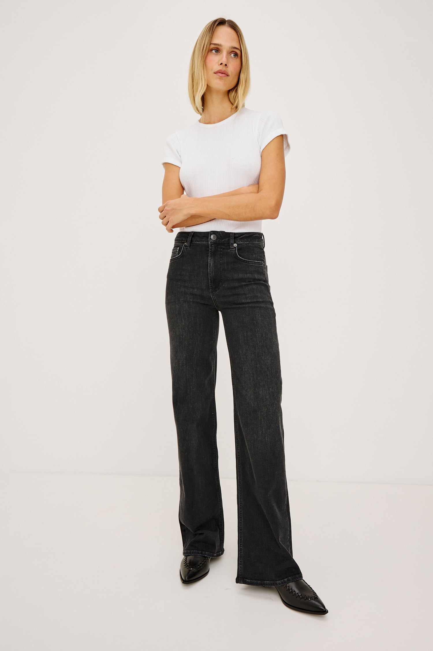 Getty Wide Leg Jean in Light Stretch Denim With 5-Pockets in Vintage Black Colorway - Full Body Front View Featured on Model