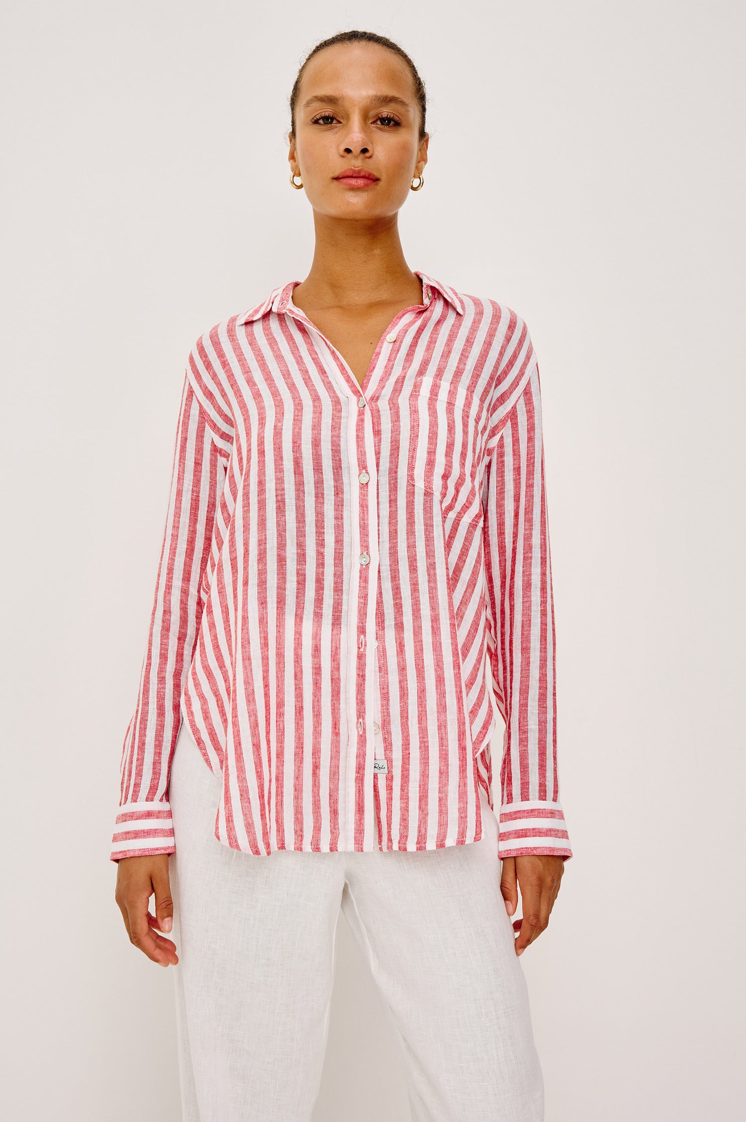 Giada Shirt in Linen Blend With Relaxed Fit, Collar, Front Buttons, and Long Sleeves in Ravello Stripe Colorway - Upper Body Front View Featured on Model
