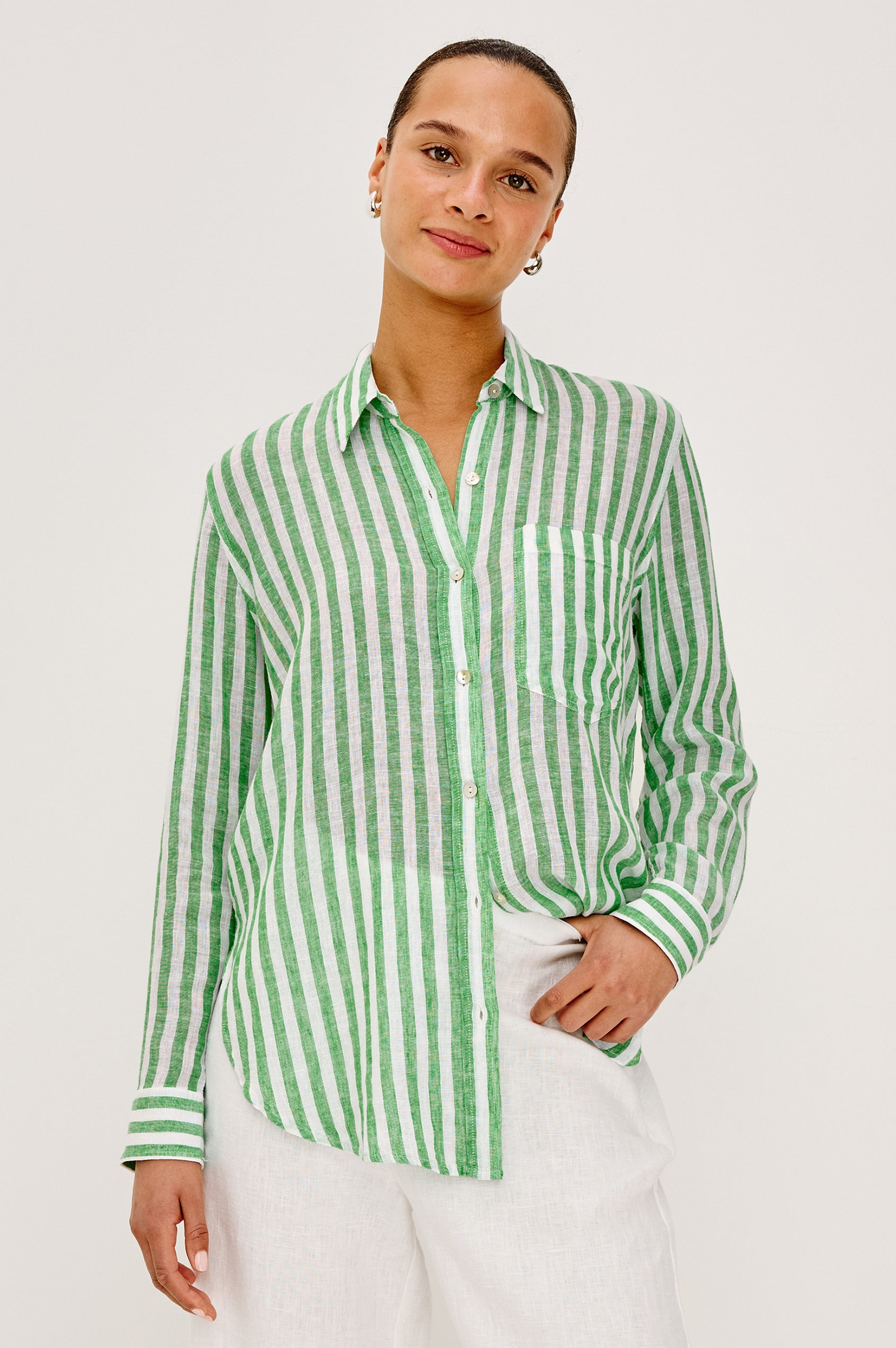 Giada Shirt in Linen Blend With Relaxed Fit, Collar, Front Buttons, and Long Sleeves in Trevi Stripe Colorway - Upper Body Front View Featured on Model