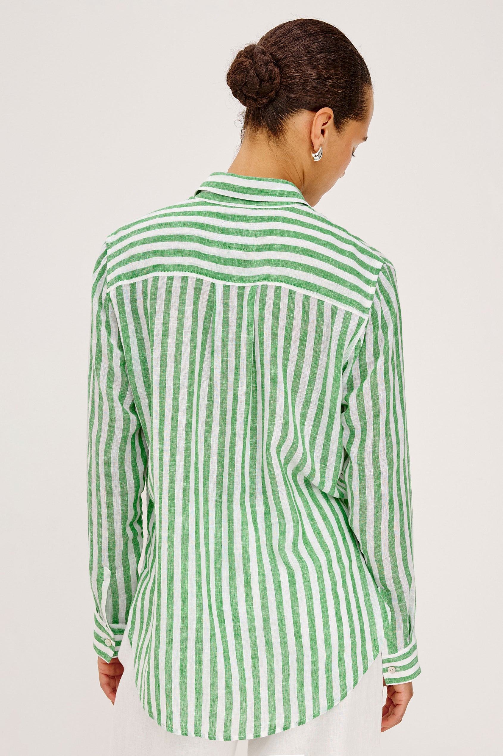 Giada Shirt in Linen Blend With Relaxed Fit, Collar, Front Buttons, and Long Sleeves in Trevi Stripe Colorway - Upper Body Back View Featured on Model