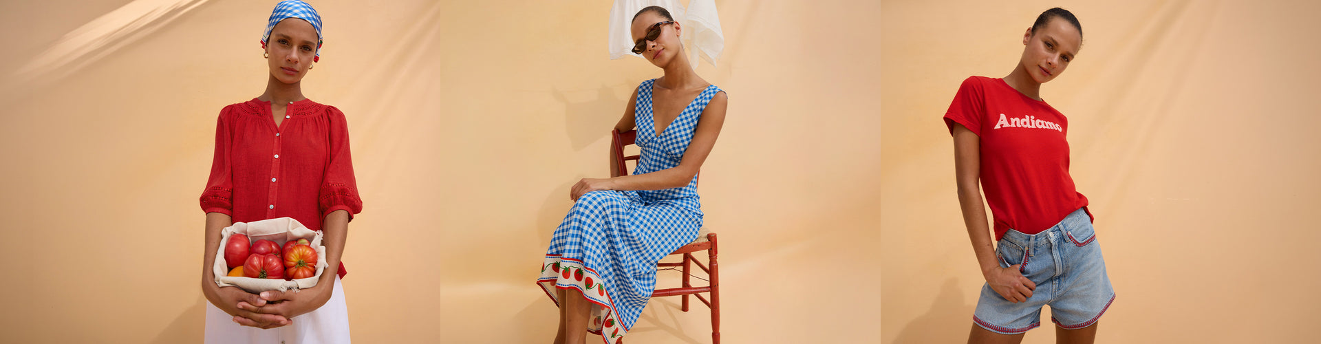 Three women in different outfits against a beige background