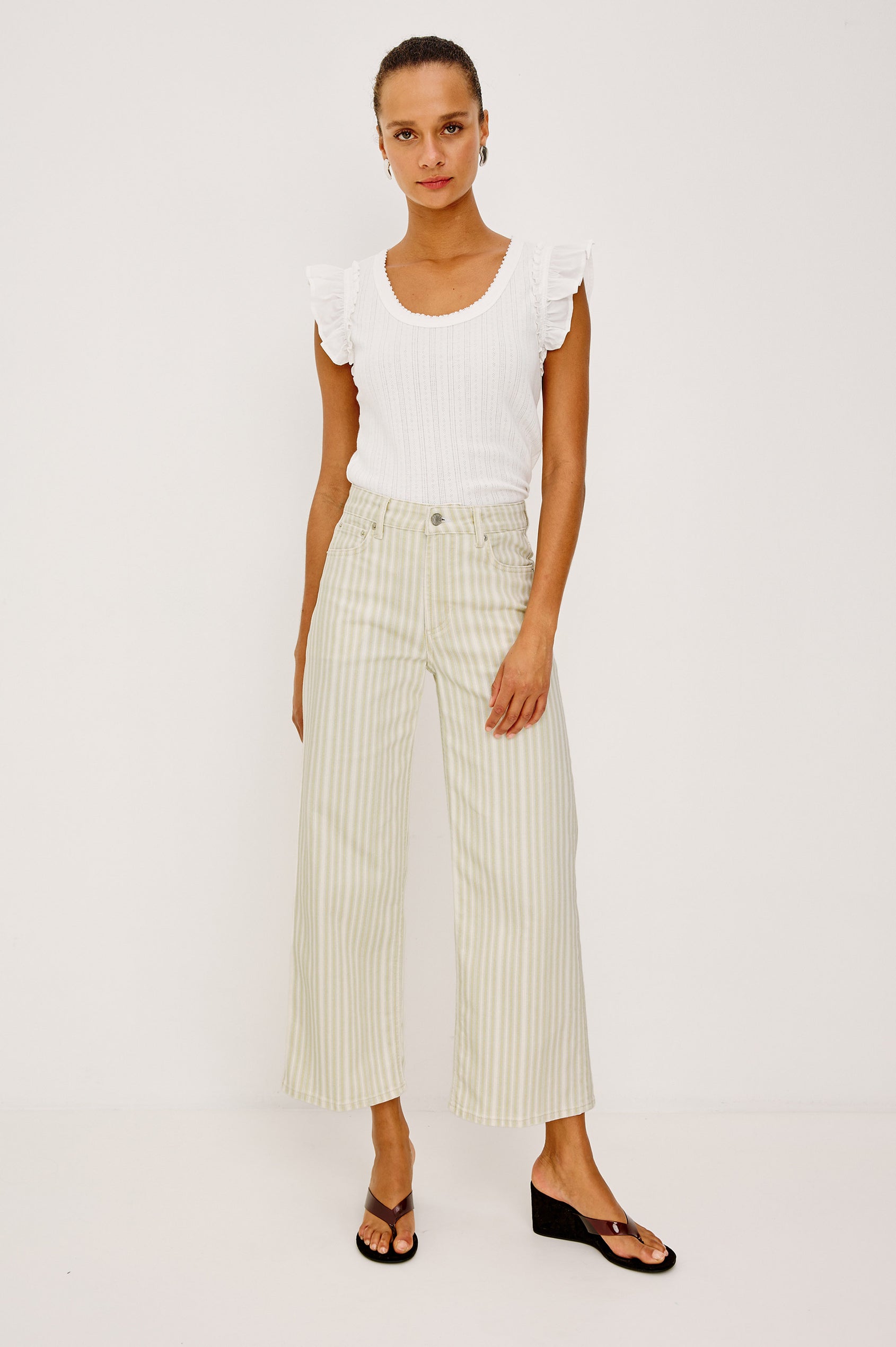 Giovanna Top in Pointelle With Scoop Neckline and Flutter Sleeves in White Colorway - Full Body Front View Featured on Model
