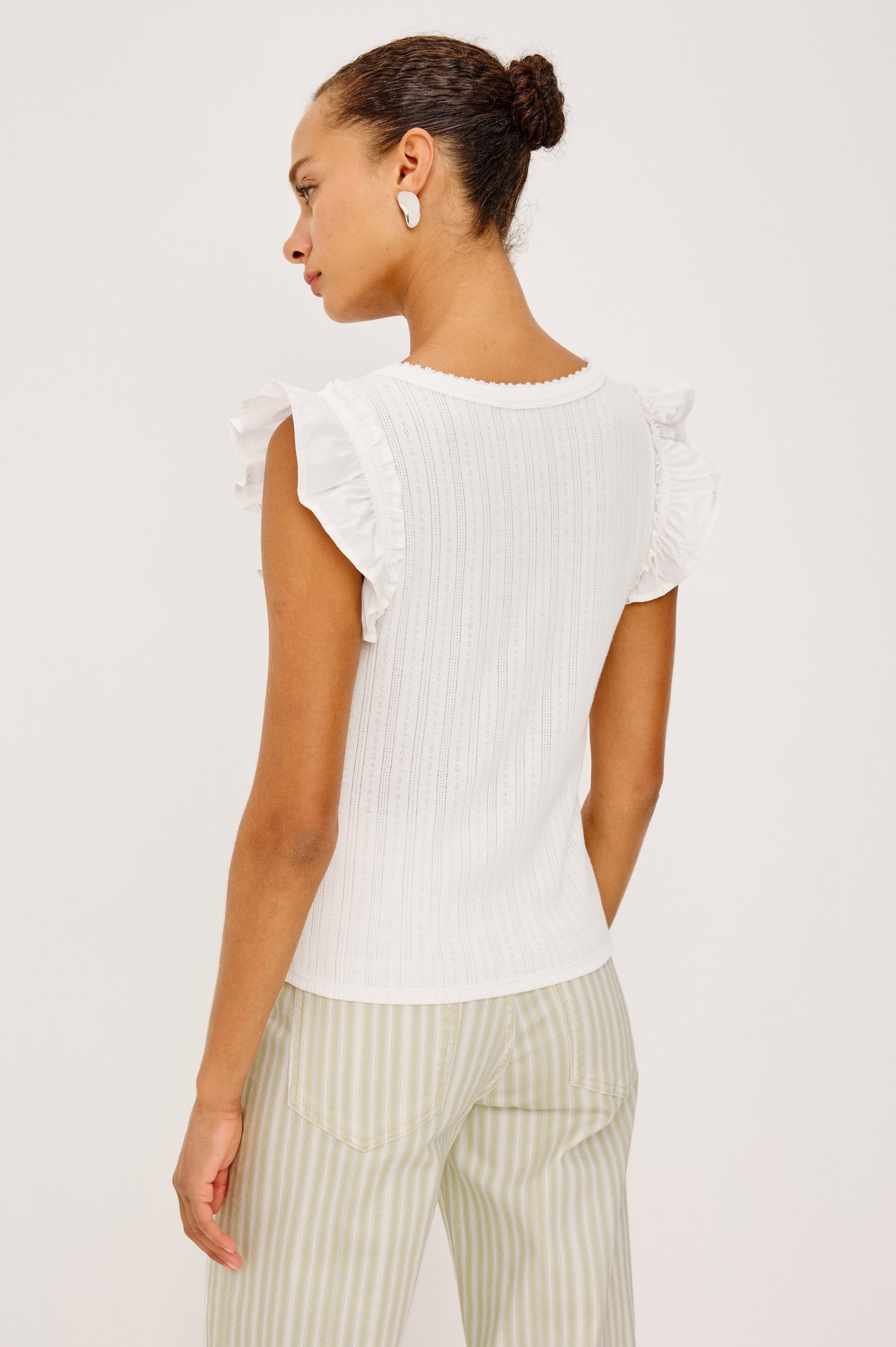 Giovanna Top in Pointelle With Scoop Neckline and Flutter Sleeves in White Colorway - Upper Body Back View Featured on Model
