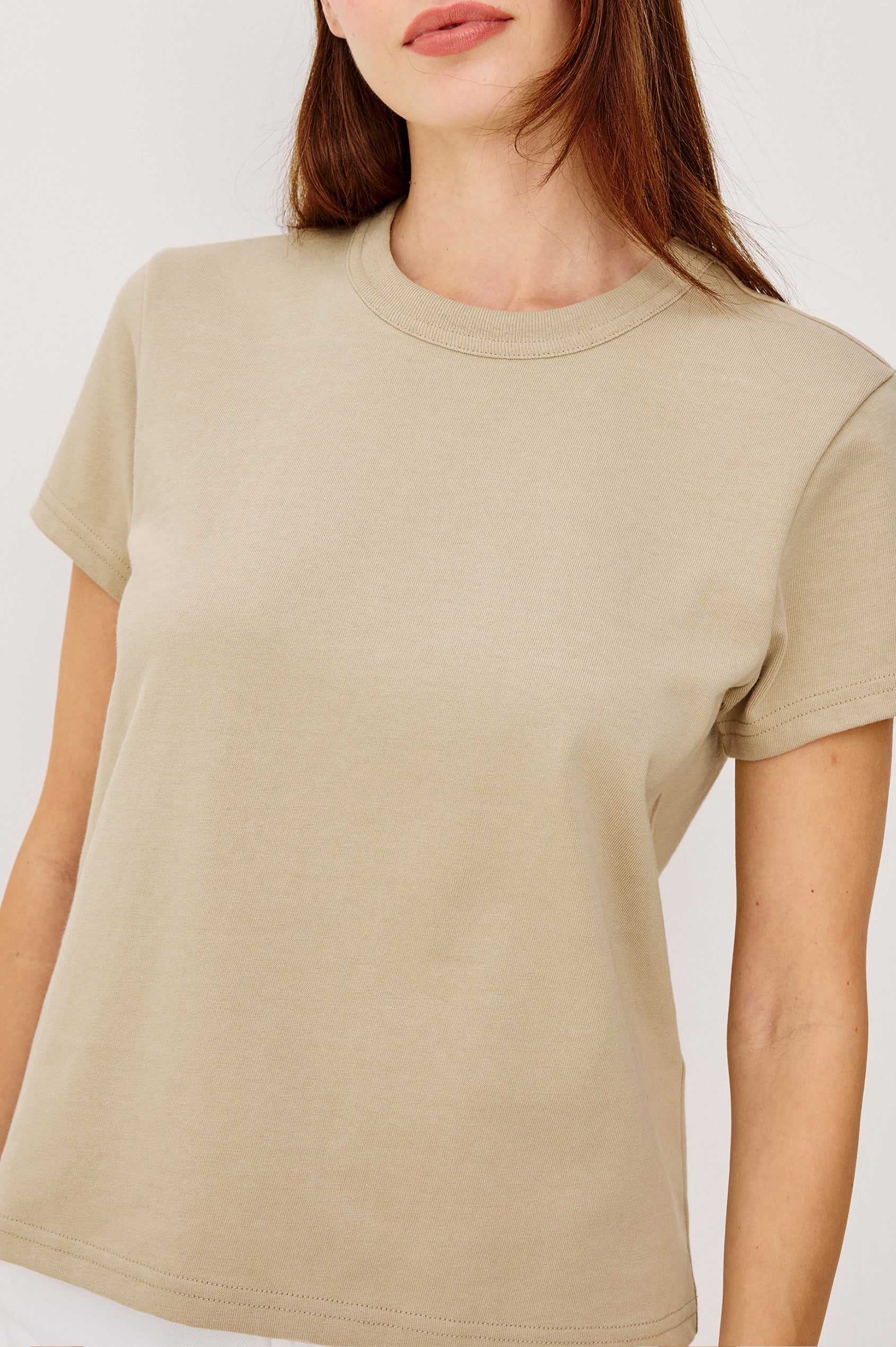 Girlfriend Pleated Jersey Tee With Crew Neckline Short Sleeves and Relaxed Slightly-Boxy Fit in Dune Colorway - Upper Body View Featured on Model