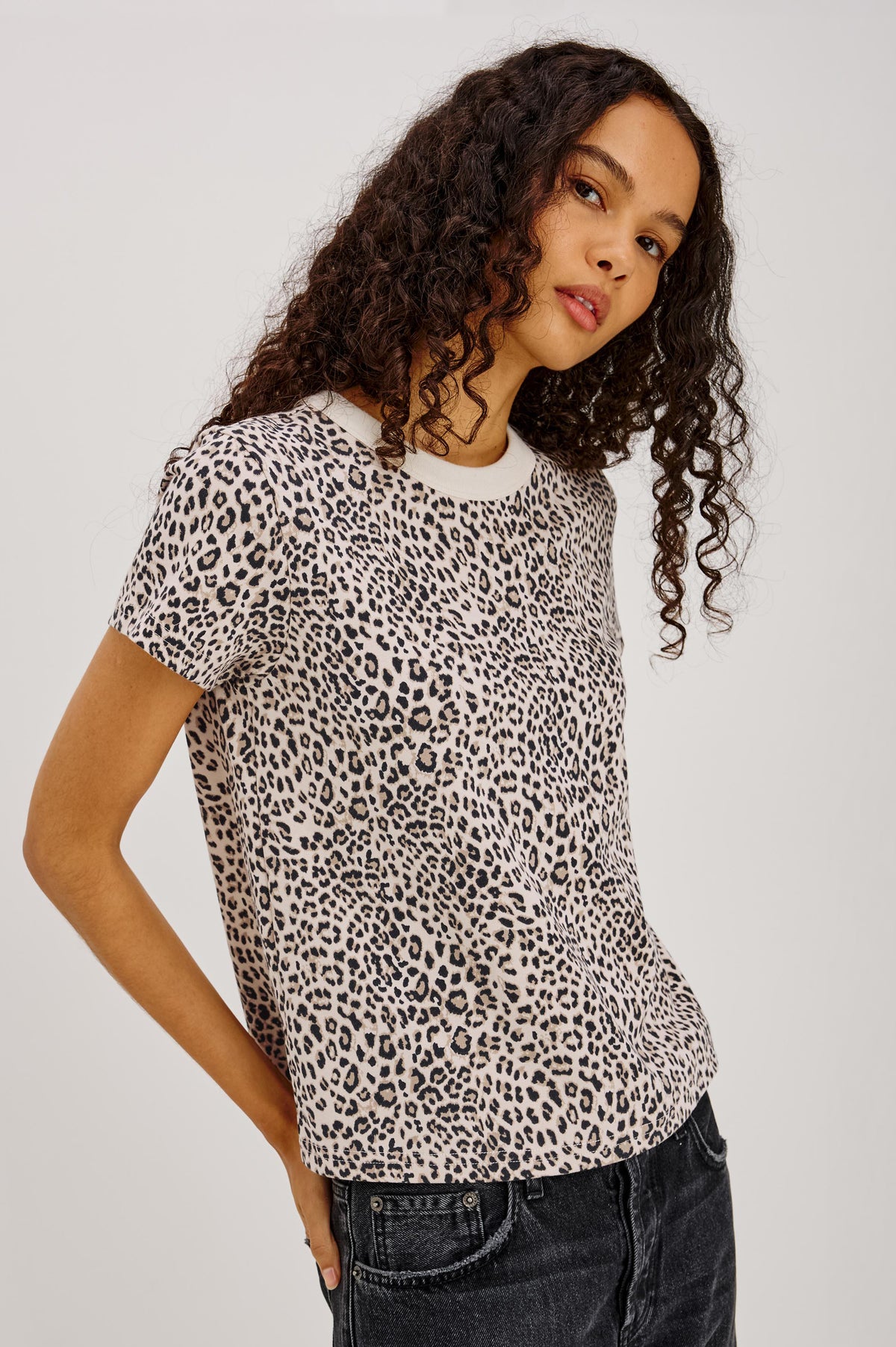 Girlfriend T-Shirt in Midweight Cotton With Slightly Cropped Boxy Fit, Crew Neck, and Short Sleeves in Ecru Cheetah Colorway - Upper Body Front View Featured on Model