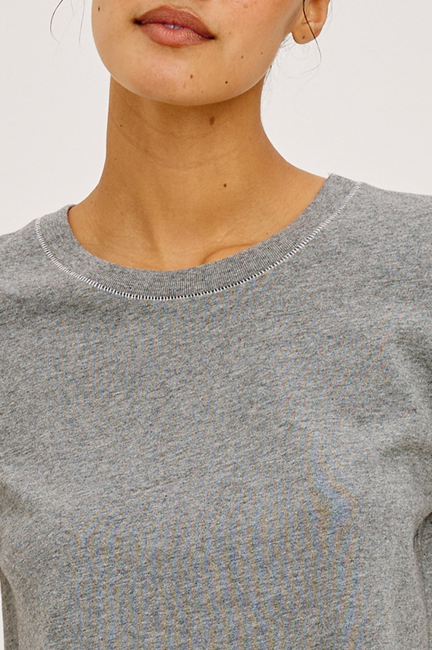 Girlfriend T-Shirt in Midweight Cotton With Slightly Cropped Boxy Fit, Crew Neck, and Short Sleeves in Heather Contrast Stitch Colorway - Upper Body Front View Featured on Model