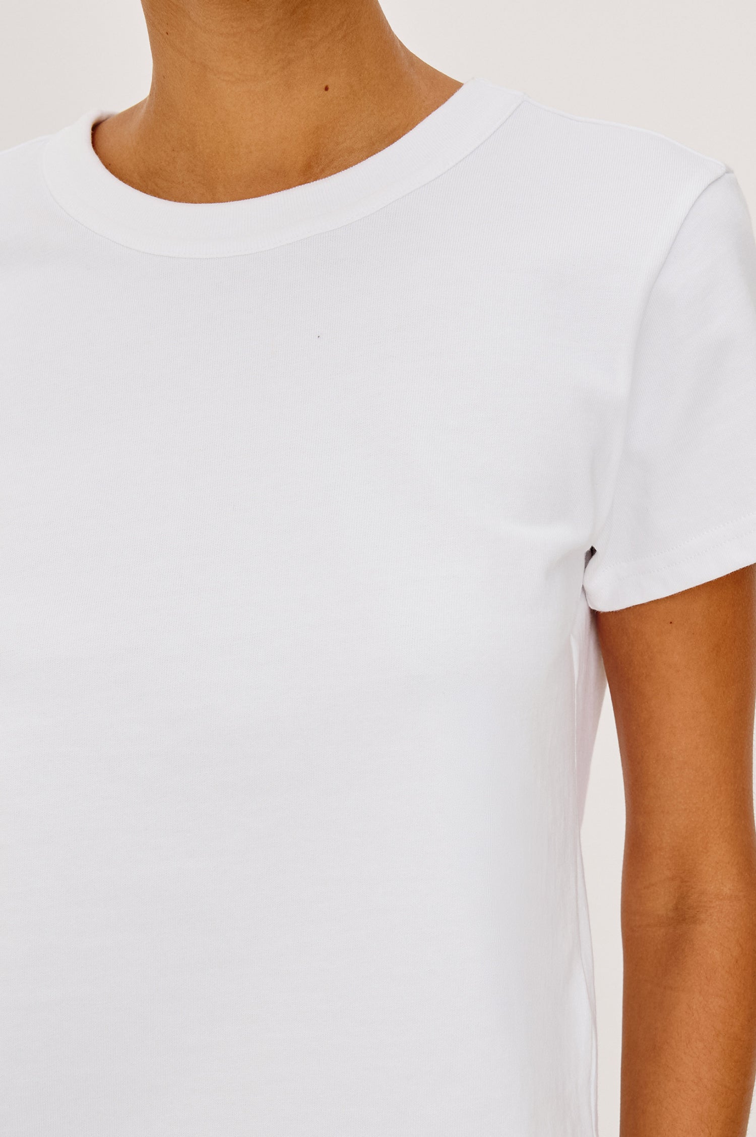 Girlfriend T-Shirt in Pleated Jersey With Slightly Boxy, Cropped Silhouette in White Colorway - Upper Body Front View Featured on Model