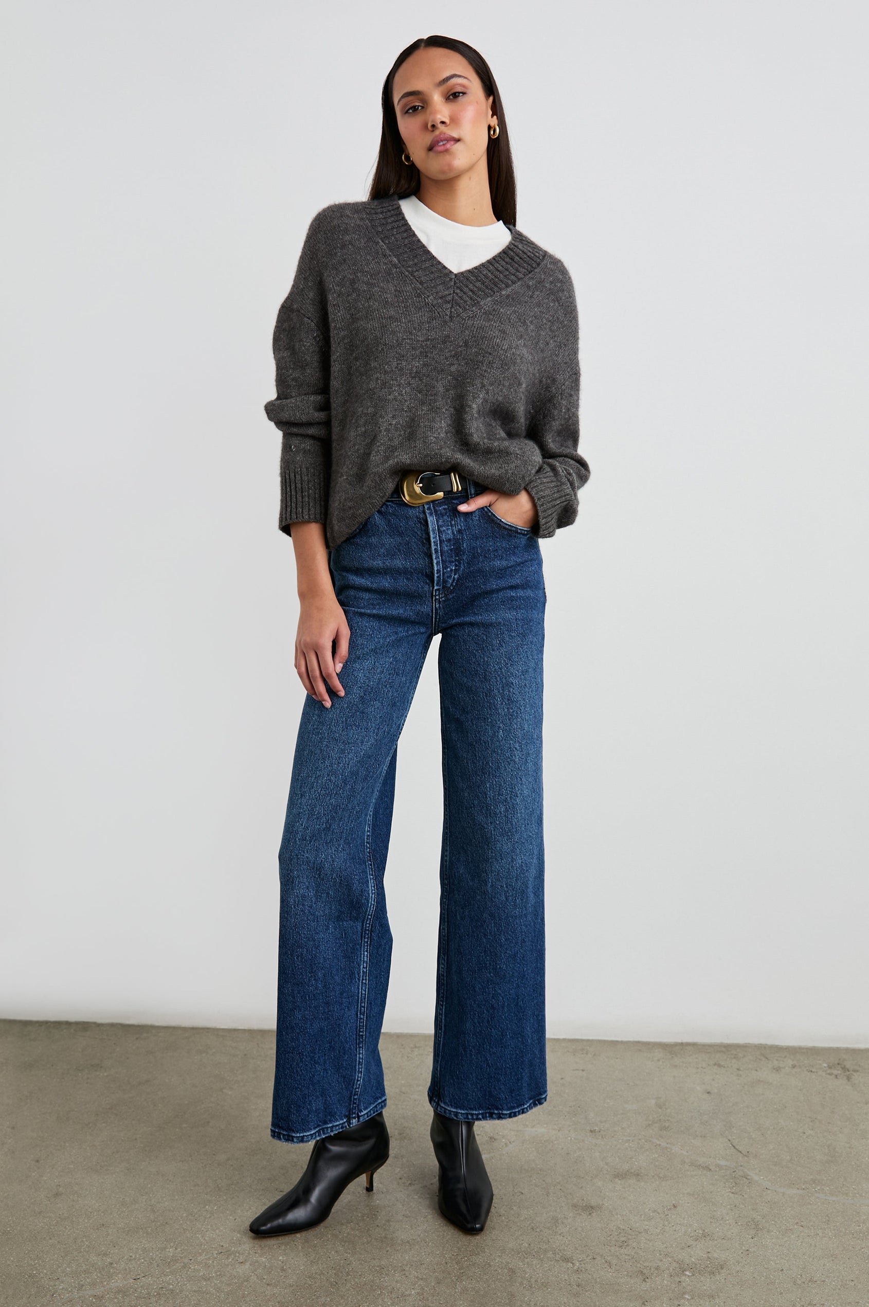 Gisella Long-Sleeve V Neck Sweater with Ribbed Trim and Side Slits in Thunder Colorway - Front Full Body View Featured on Model