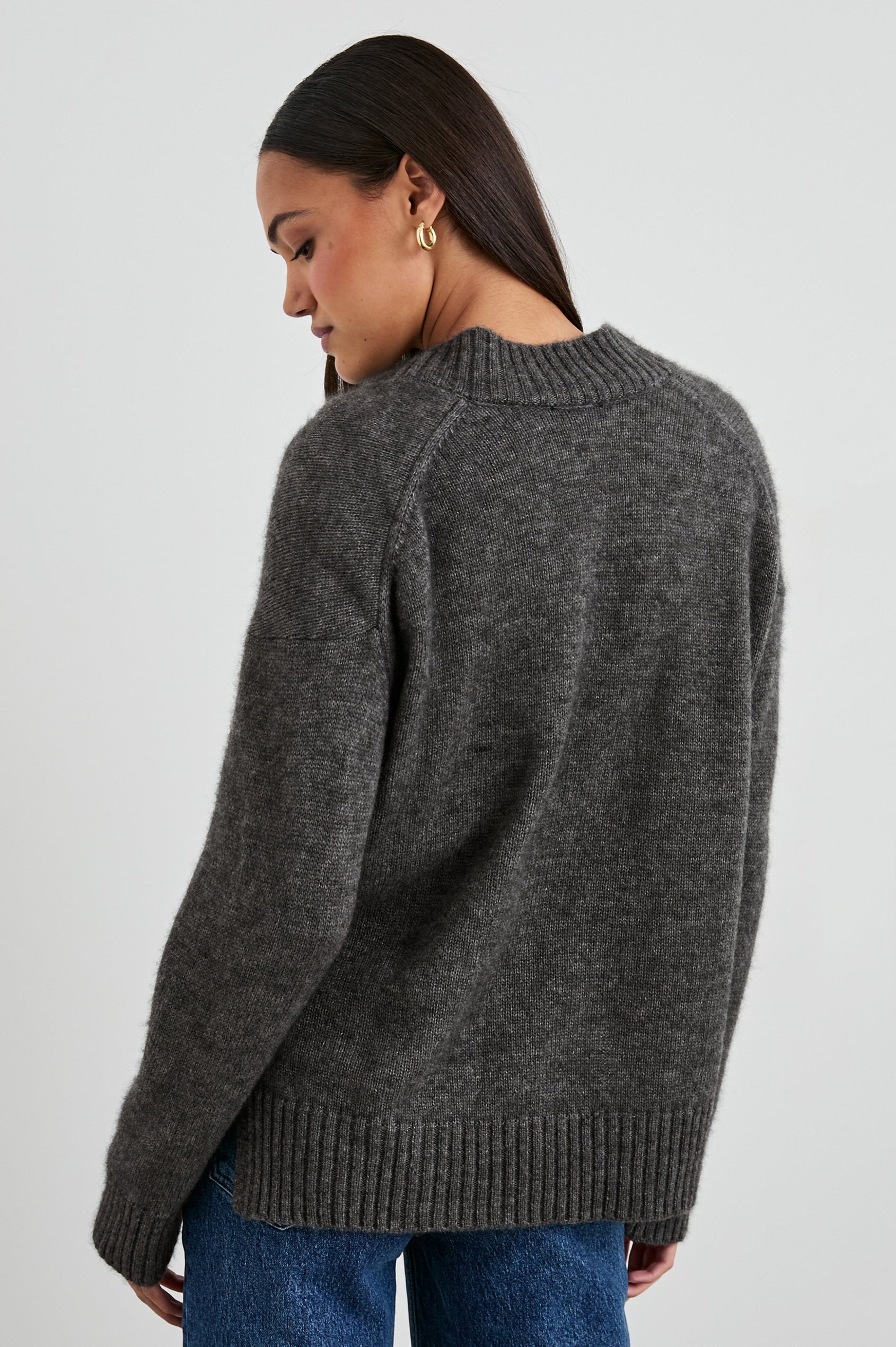 Gisella Long-Sleeve V Neck Sweater with Ribbed Trim and Side Slits in Thunder Colorway - Back View Featured on Model