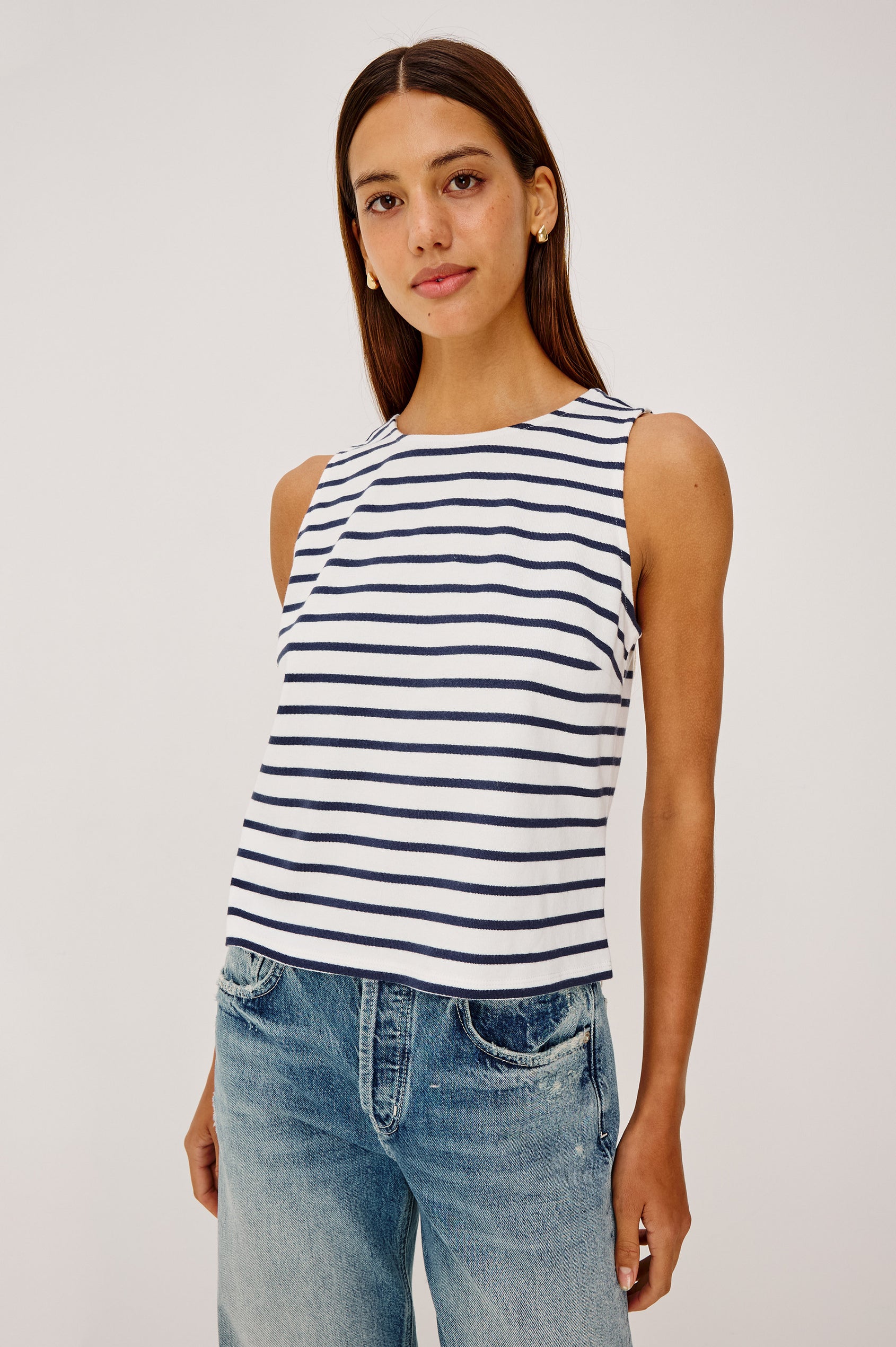 Grace Tank Top in Cotton Jersey With a Scoop Neckline and Boxy Fit in Ivory Navy Stripe - Upper Body Front View Featured on Model