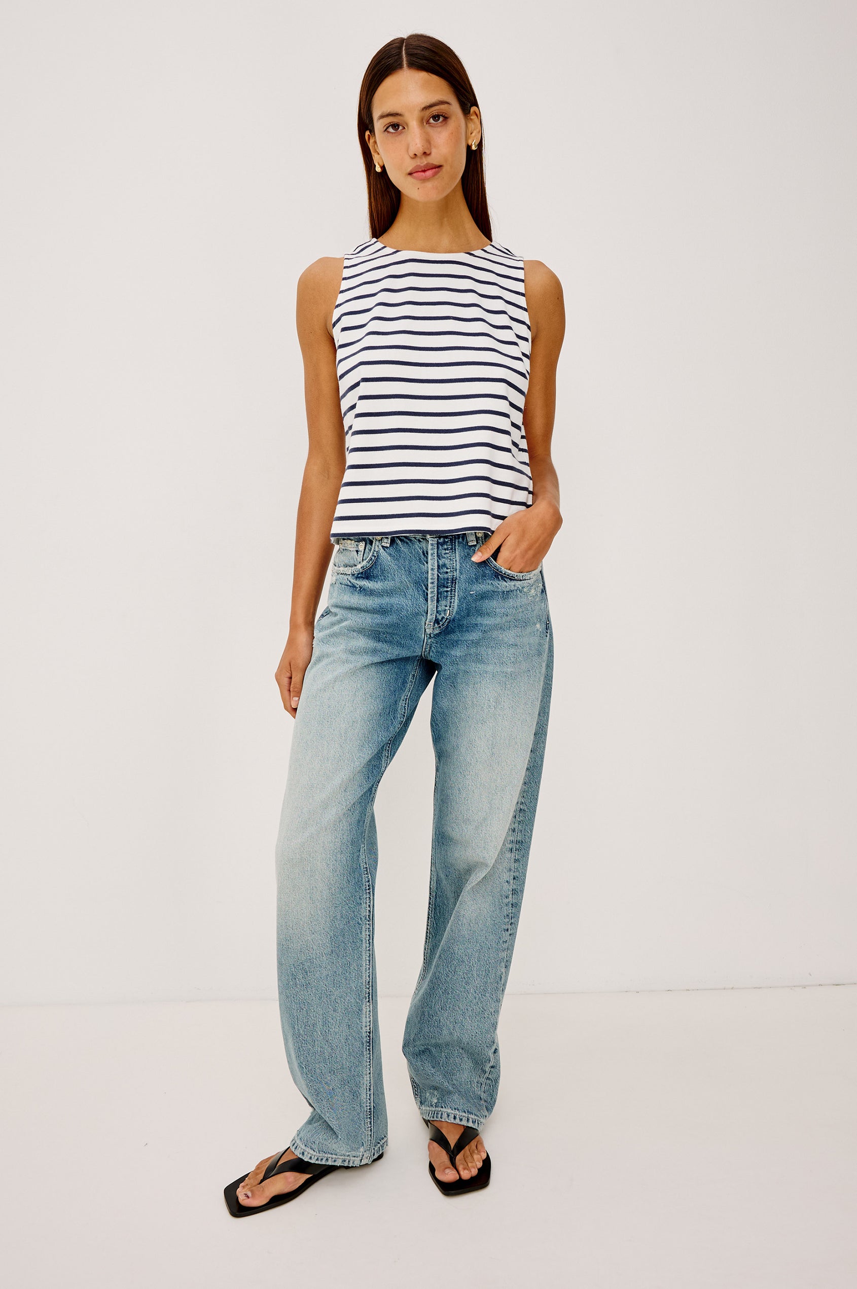 Grace Tank Top in Cotton Jersey With a Scoop Neckline and Boxy Fit in Ivory Navy Stripe - Full Body Front View Featured on Model