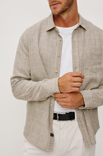 Gracy Button-Up Shirt With Long Sleeves, Collar, and Single Patch Pocket in Bulgur Cream Colorway - Upper Body Close Up Front View Featured on Model