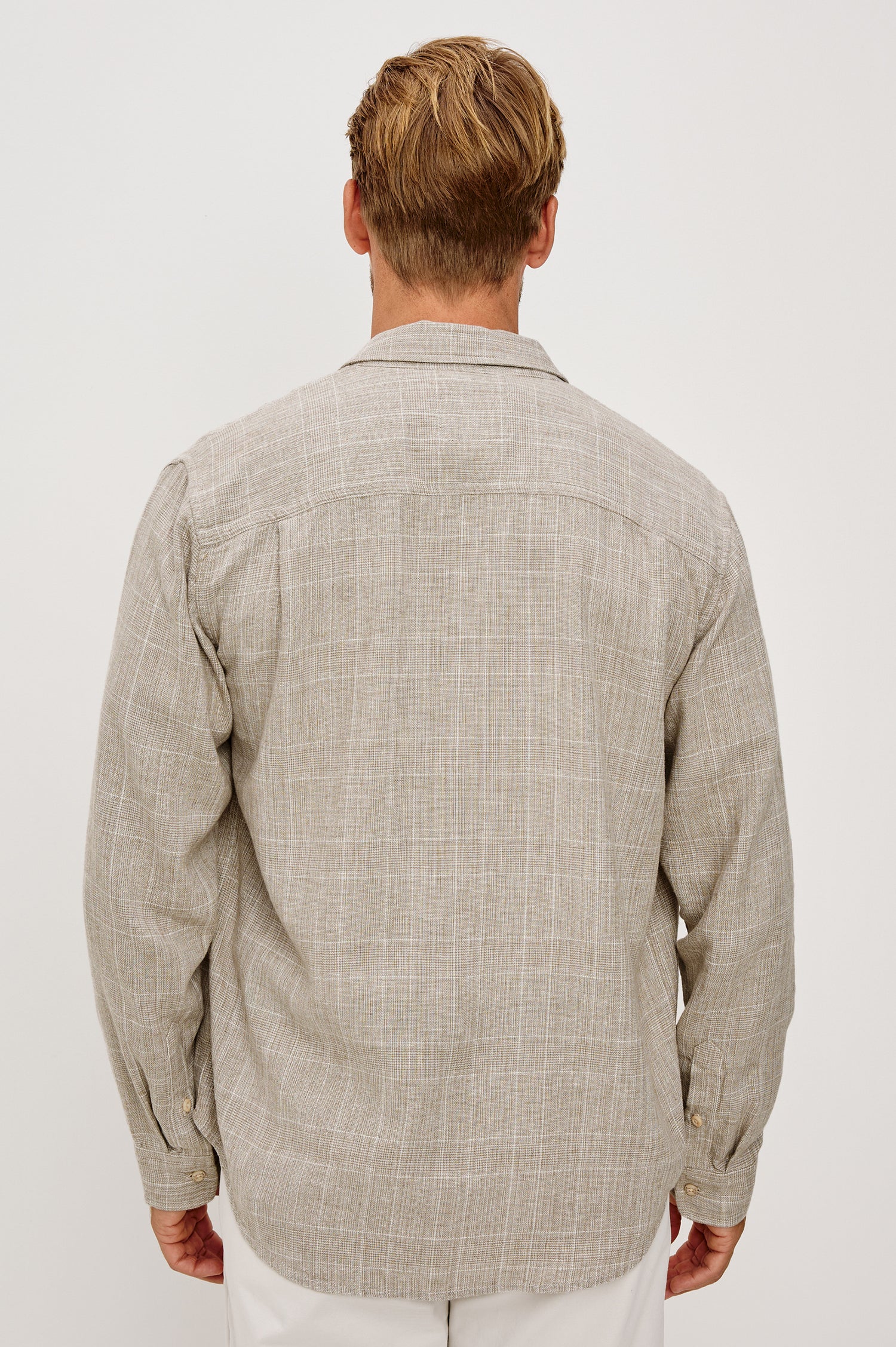 Gracy Button-Up Shirt With Long Sleeves, Collar, and Single Patch Pocket in Bulgur Cream Colorway - Upper Body Back View Featured on Model