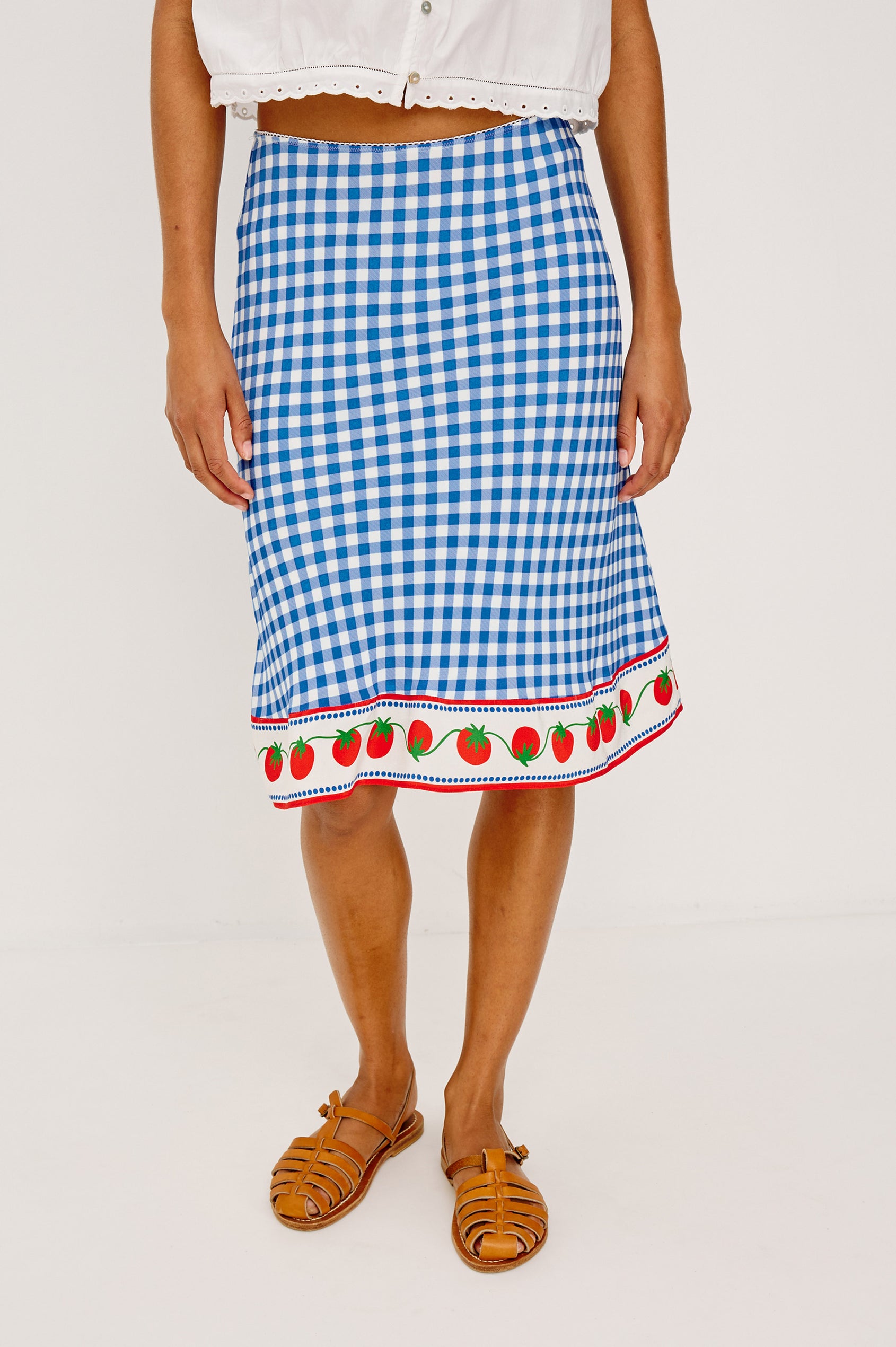 Grazia High-Waisted Midi Skirt in Gingham Tomatoes Colorway - Lower Body Front View Featured on Model