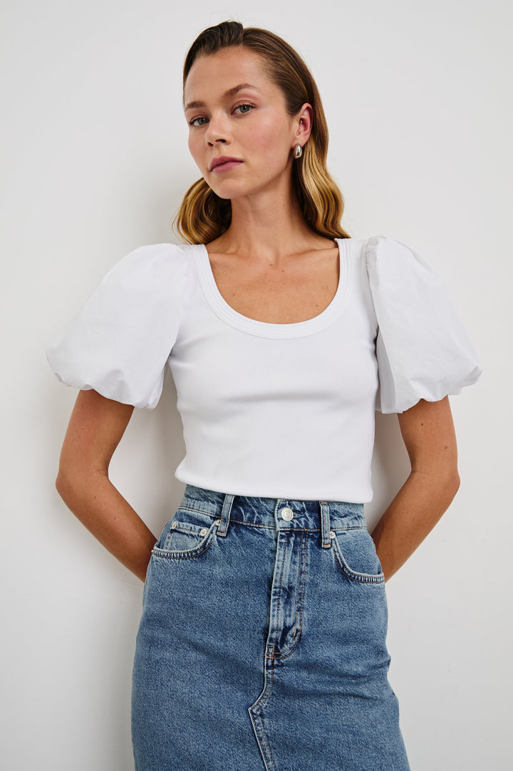 Hallie Short Sleeve Top with a Scoop Neck and Puff Sleeves in White Colorway - Front View Featured on Model