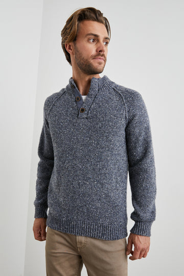 Harding Long-Sleeve Sweater with a Three-Button Half Placket, a Mock Neck and Ribbed Trim in Blue Nep Colorway, a Speckled Blue - Front View Featured on Model