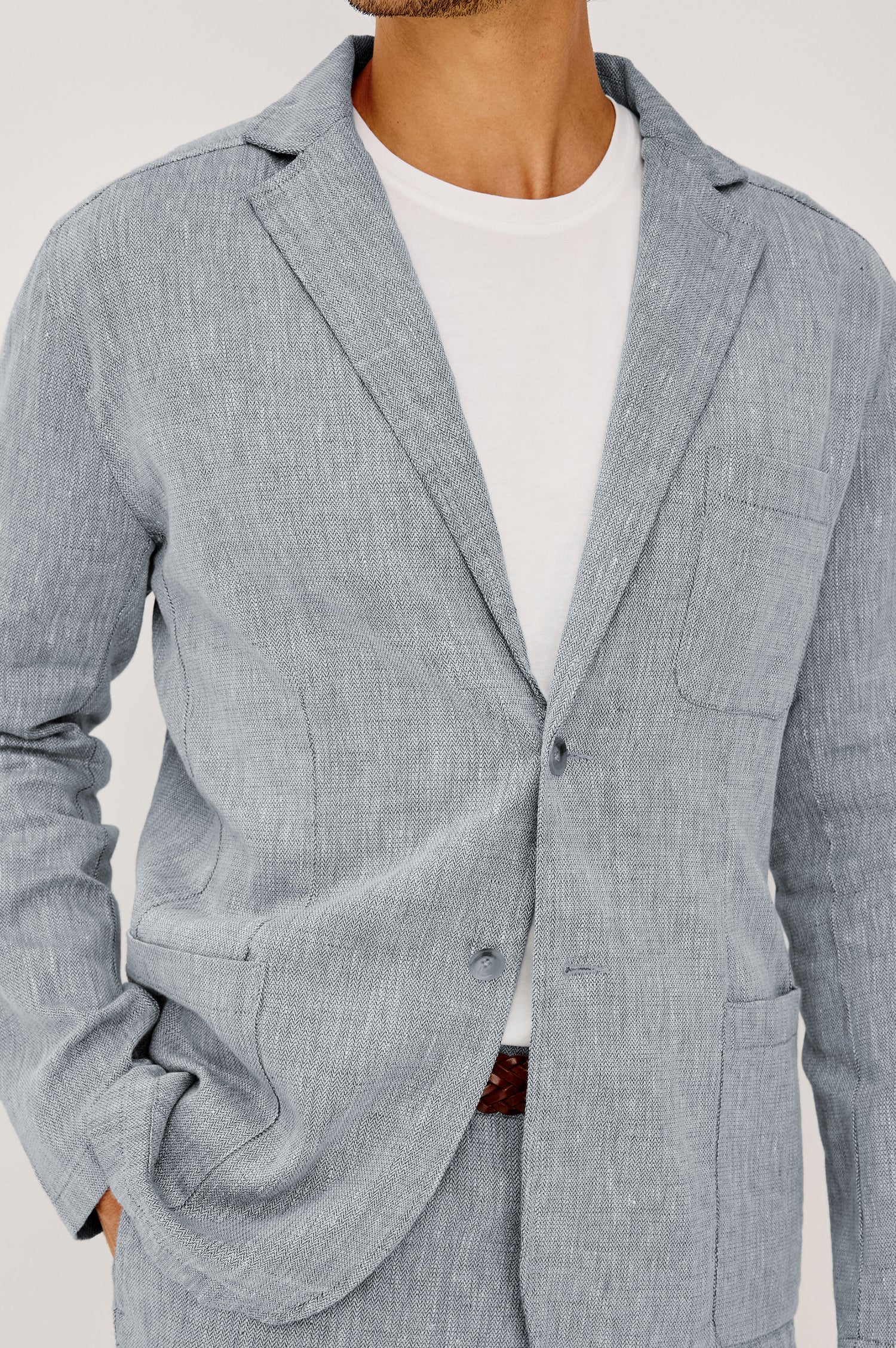 Harris Blazer in Cotton-Linen Blend With Single-Breasted Buttons, Straight Fit, Notched Lapels, and Front Patch Pockets in Bicoastal Blue Colorway - Upper Body Front View Featured on Model