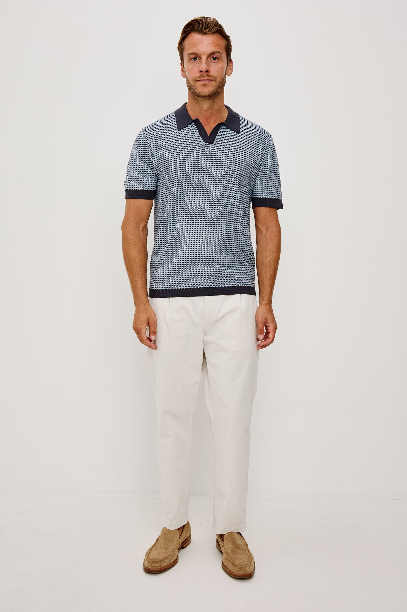 Hayden Polo Shirt in Lightweight Cotton With Split V-Neck Collar, Short Sleeves, and Classic Fit in Blue Lagoon Ripple Colorway - Full Body Front View Featured on Model