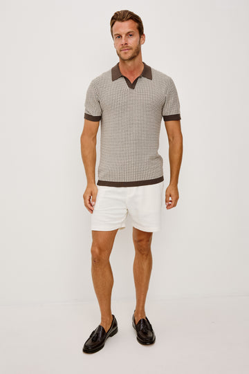 Hayden Polo Shirt in Lightweight Cotton With Split V-Neck Collar, Short Sleeves, and Classic Fit in Oat Ripple Colorway - Full Body Front View Featured on Model