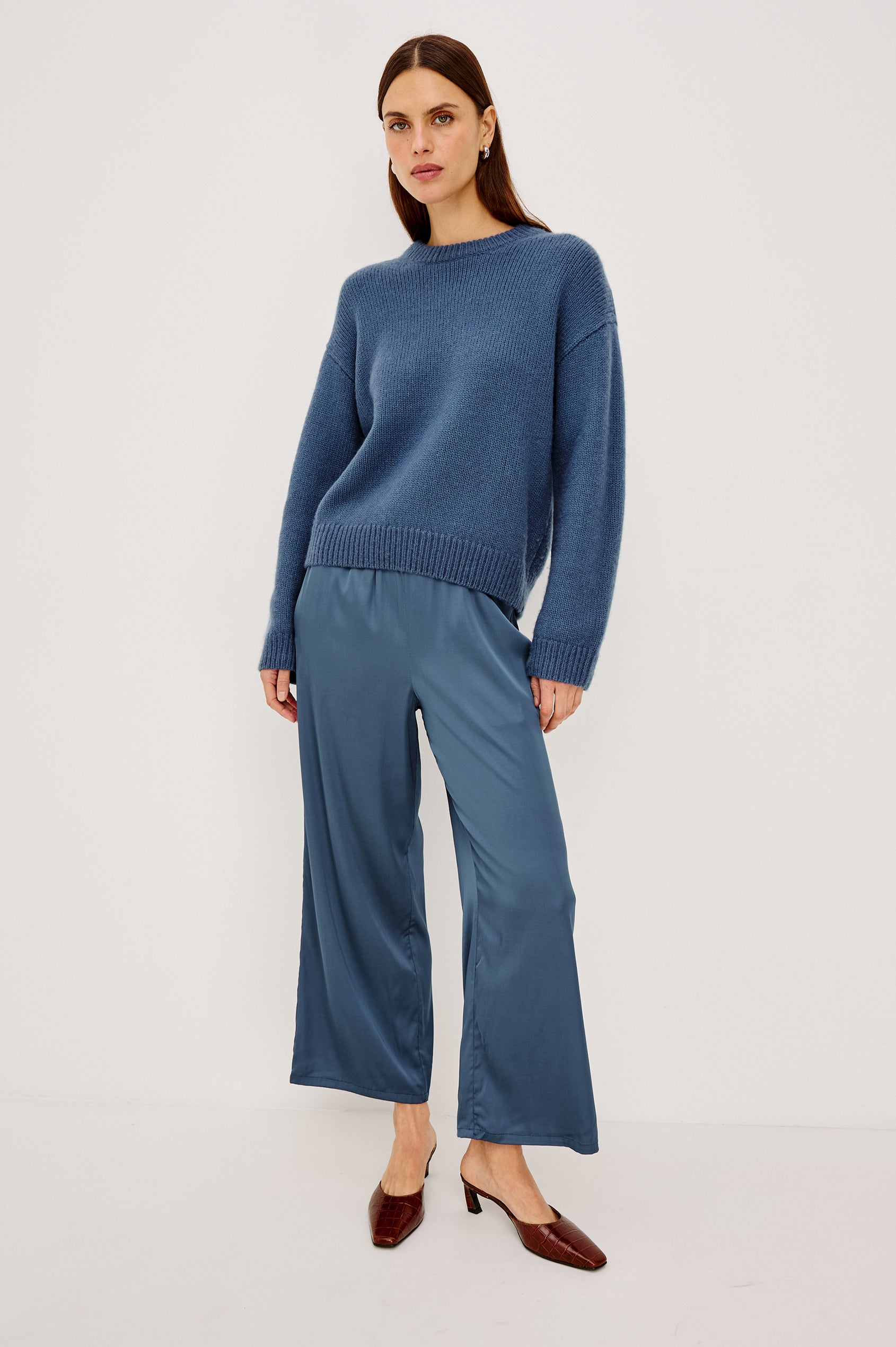 Helly Sweater in Wool-Cashmere Blend With Crew Neckline, Relaxed Boxy Slightly Cropped Fit, Long Sleeves, and Ribbed Trim in Atlantic Colorway - Full Body Front View Featured on Model