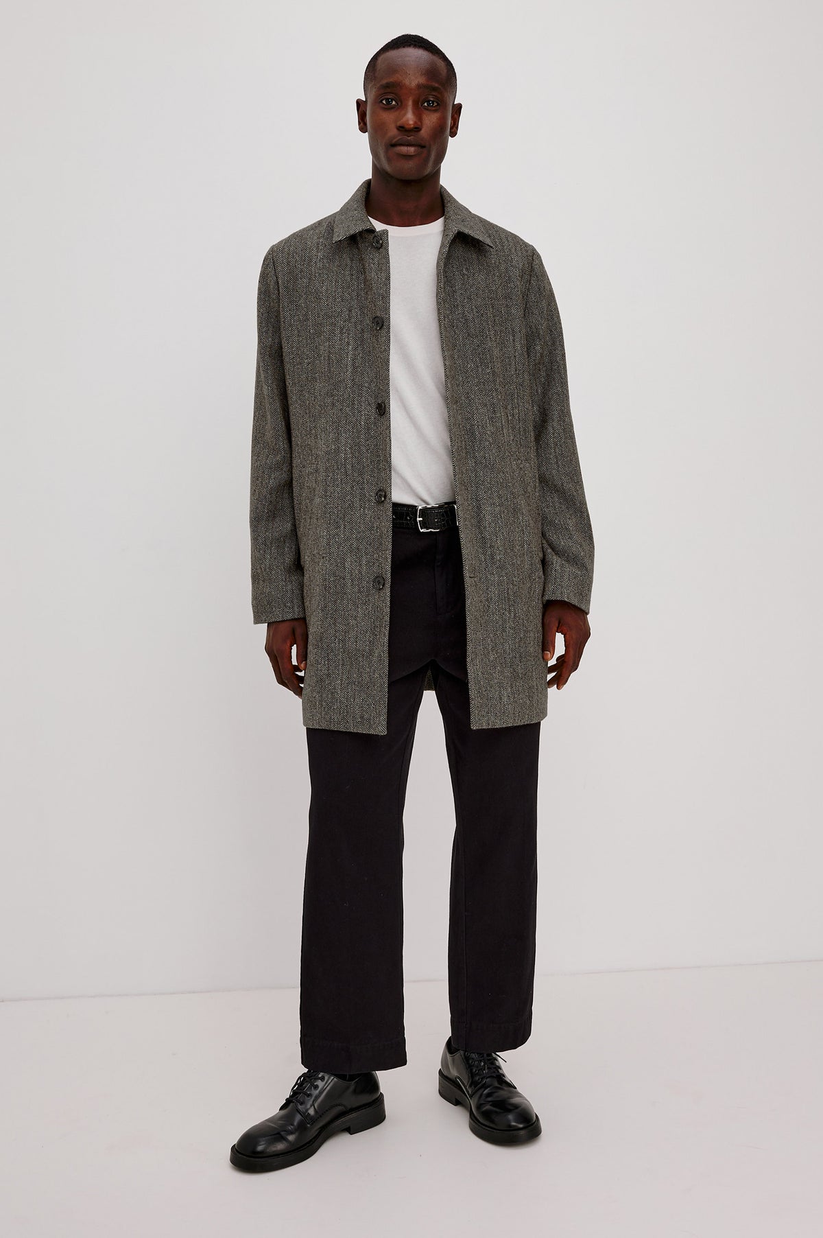 Hockney Overcoat in Wool Blend With Point Collar, Button Front, SIde Welt Pockets, Lined Interior With Zip and Welt Pockets in Highland Tweed Colorway - Full Body Front View Featured on Model