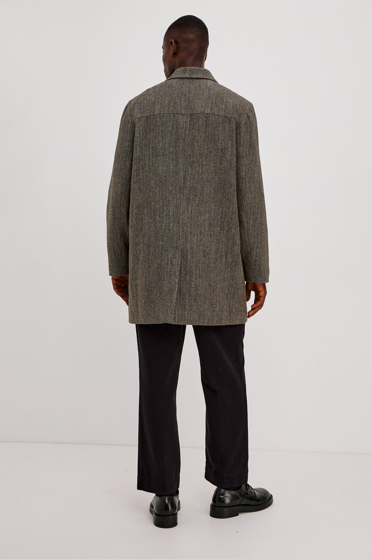 Hockney Overcoat in Wool Blend With Point Collar, Button Front, SIde Welt Pockets, Lined Interior With Zip and Welt Pockets in Highland Tweed Colorway - Full Body Back View Featured on Model