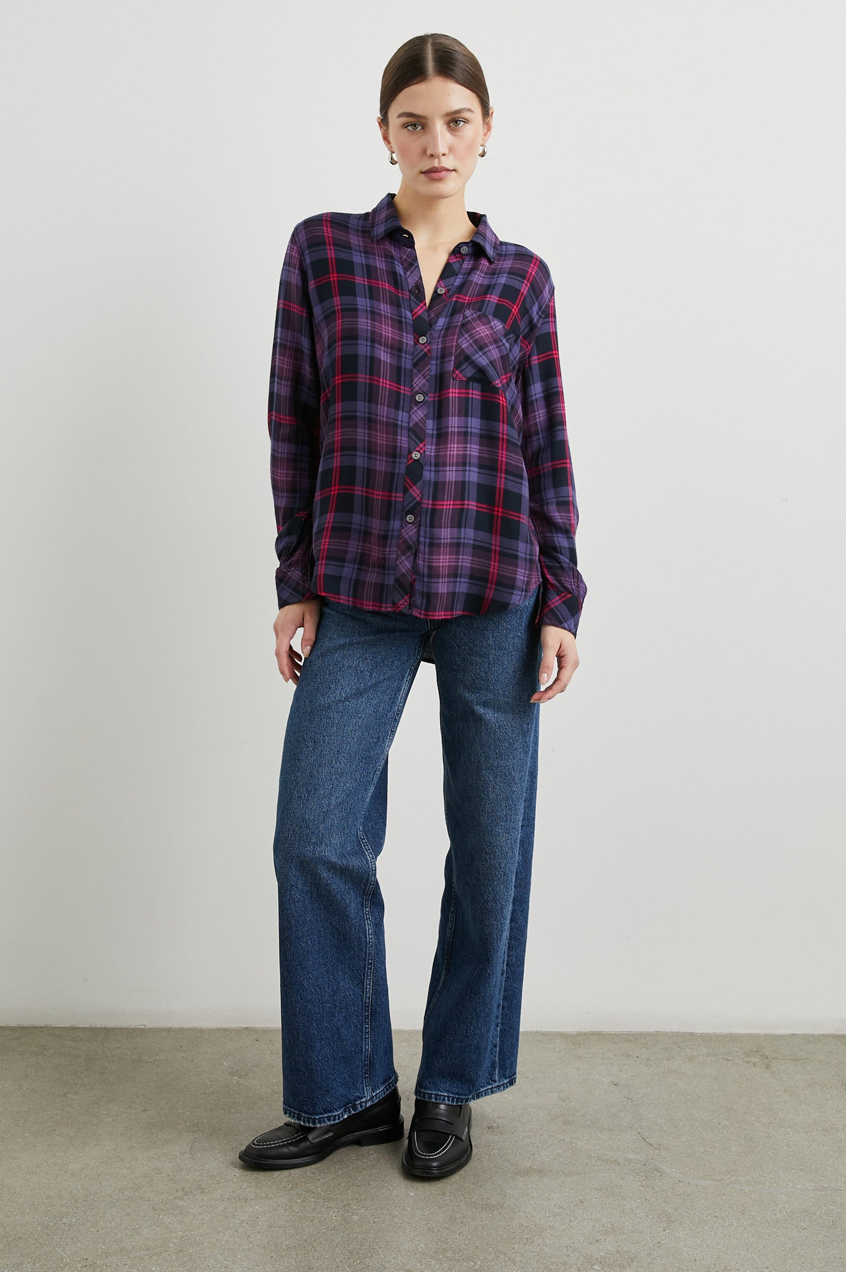 Hunter Long-Sleeve Button Up with a Chest Patch Pocket in Aubergine Magenta Colorway, plaid - Front Full Body View Featured on Model